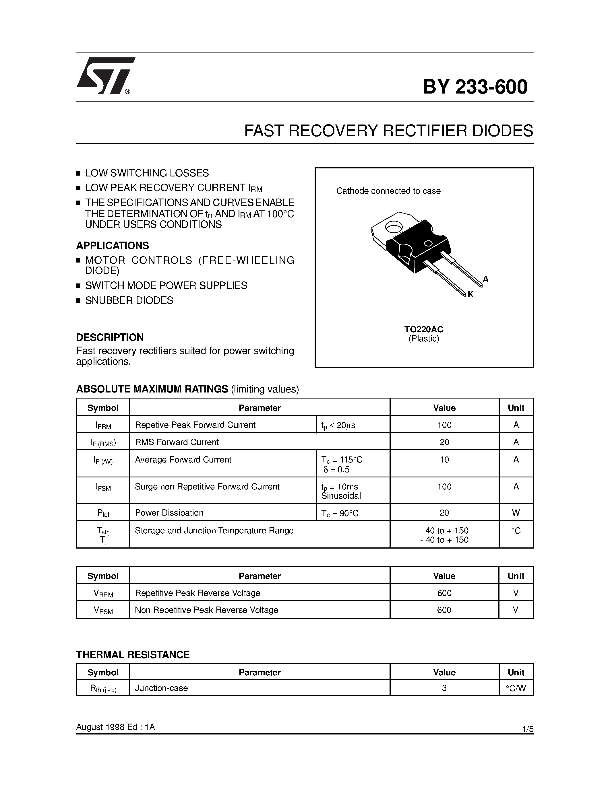 Datasheet BY223-600 page 1 Datasheet BY223-600 - FAST RECOVERY RECTIFIER DIODES page 1