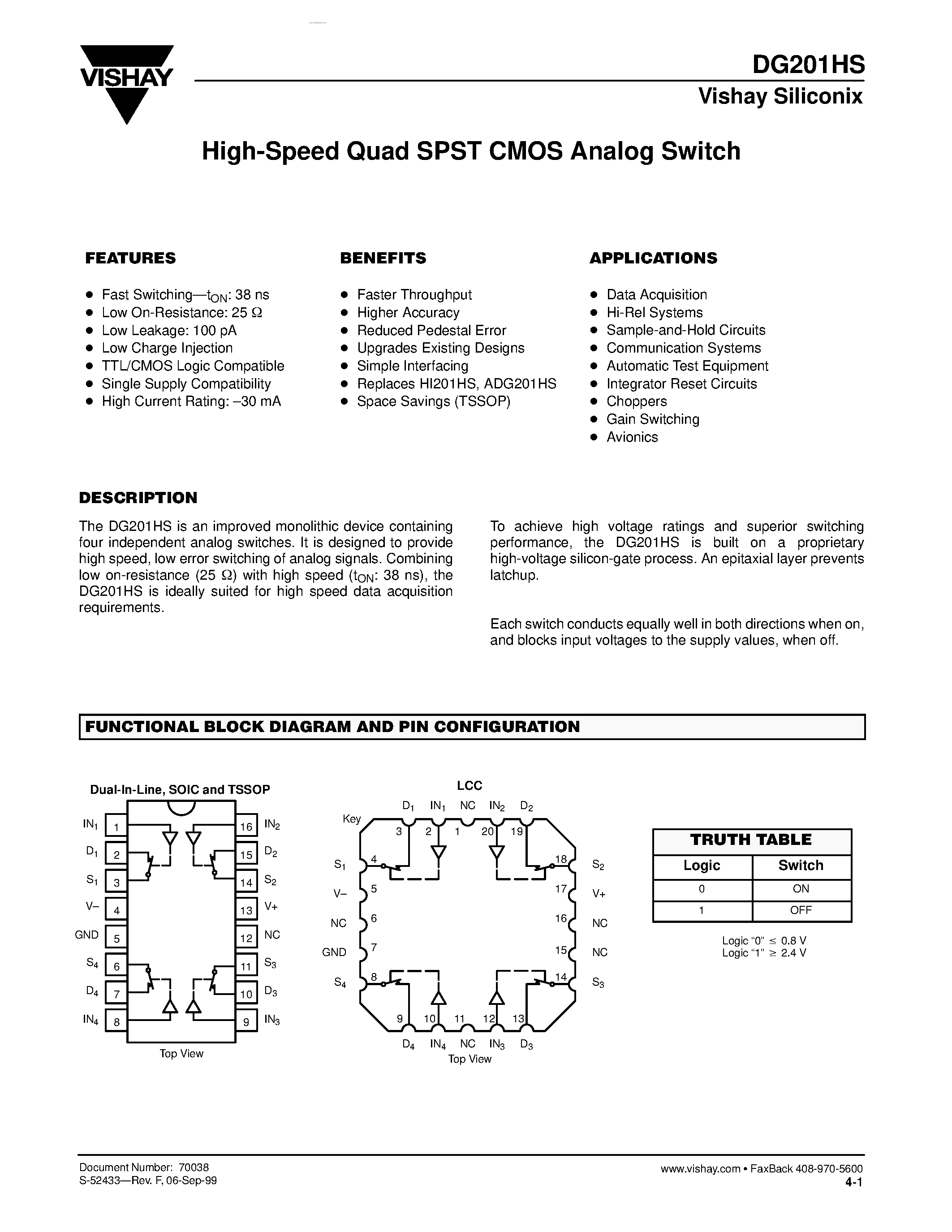 Даташит на микросхему DG201HS страница 1 Даташит DG201HS - High-Speed Quad SPST CMOS Analog Switch страница 1