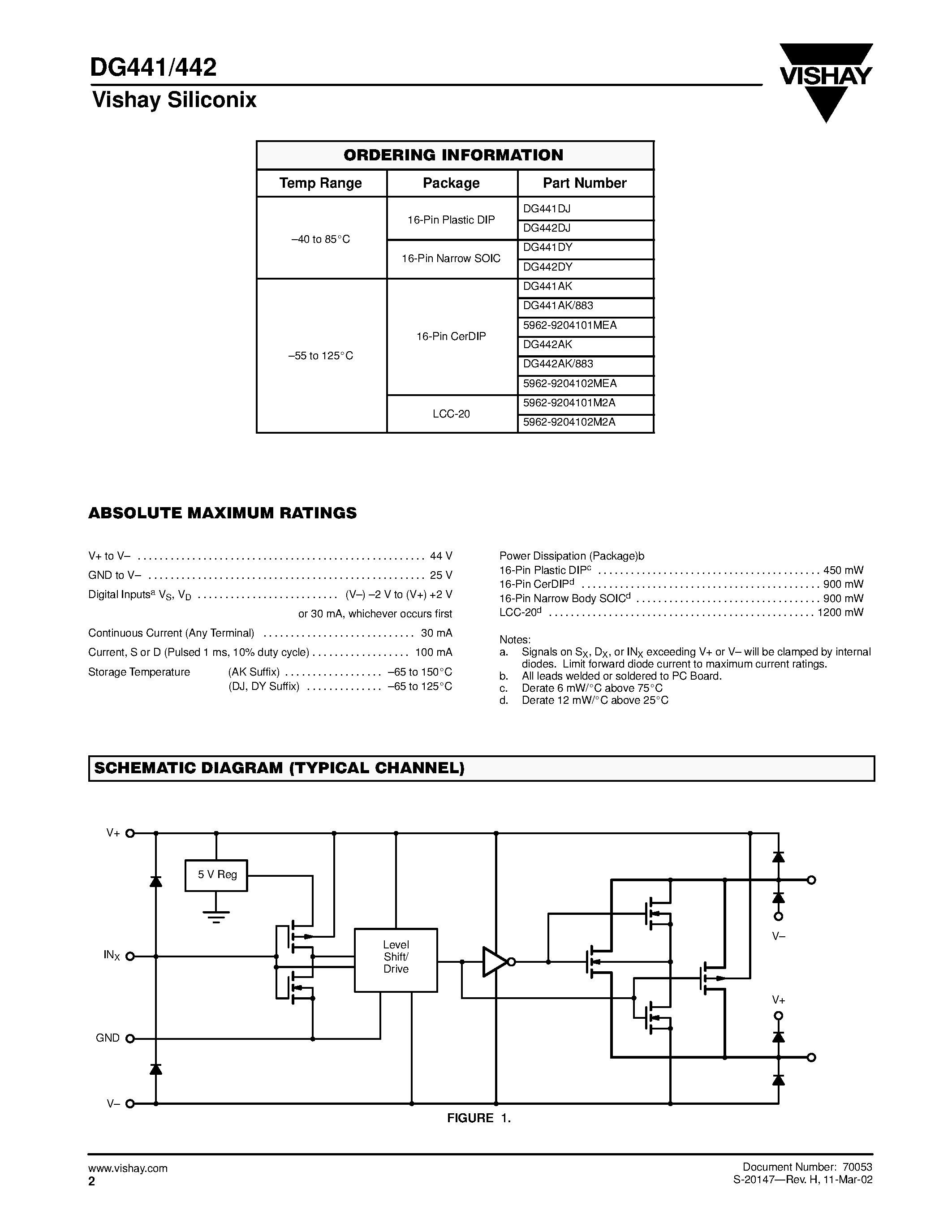 Даташит DG441 - (DG441 / DG442) Quad SPST CMOS Analog Switches страница 2