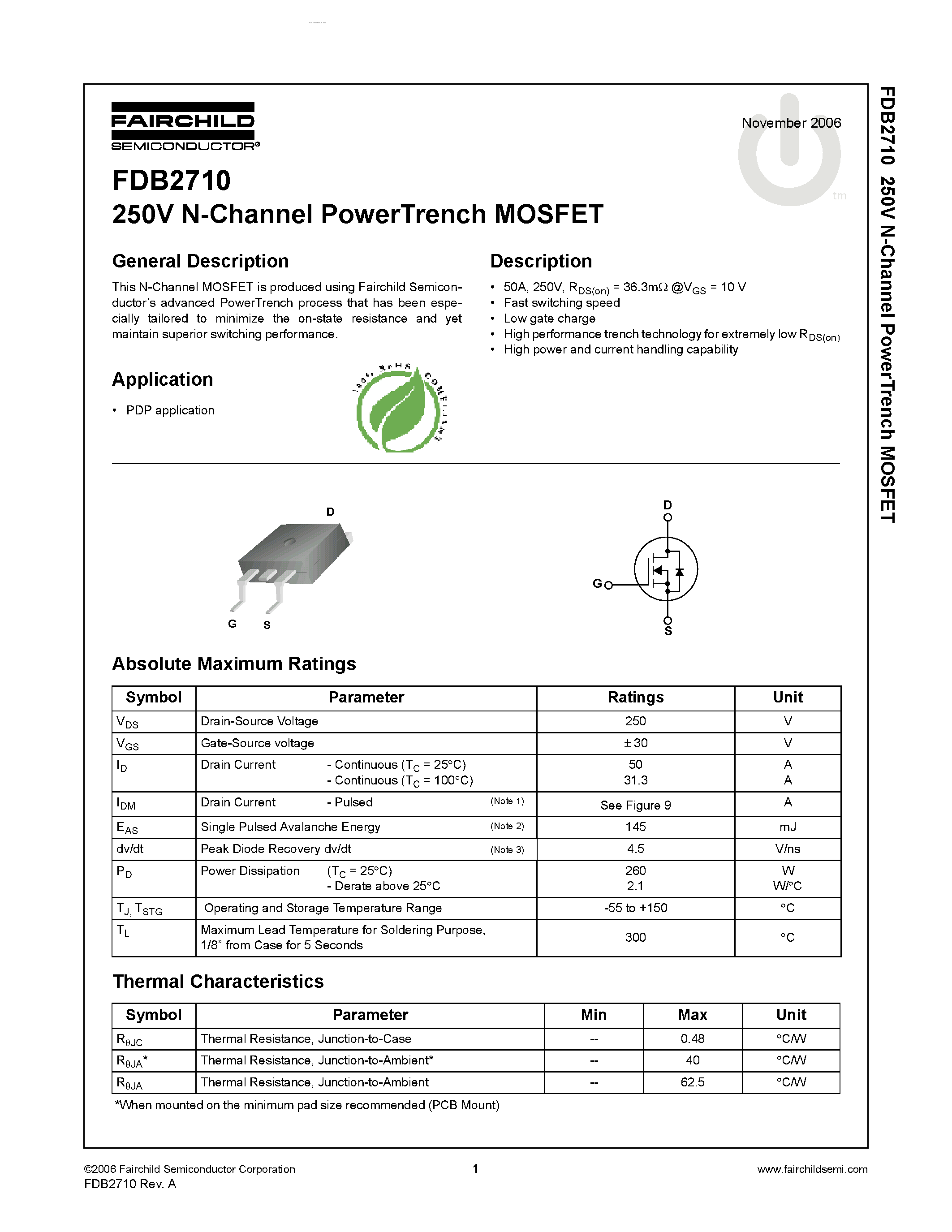 Datasheet FDB2710 - N-Channel PowerTrench MOSFET page 1