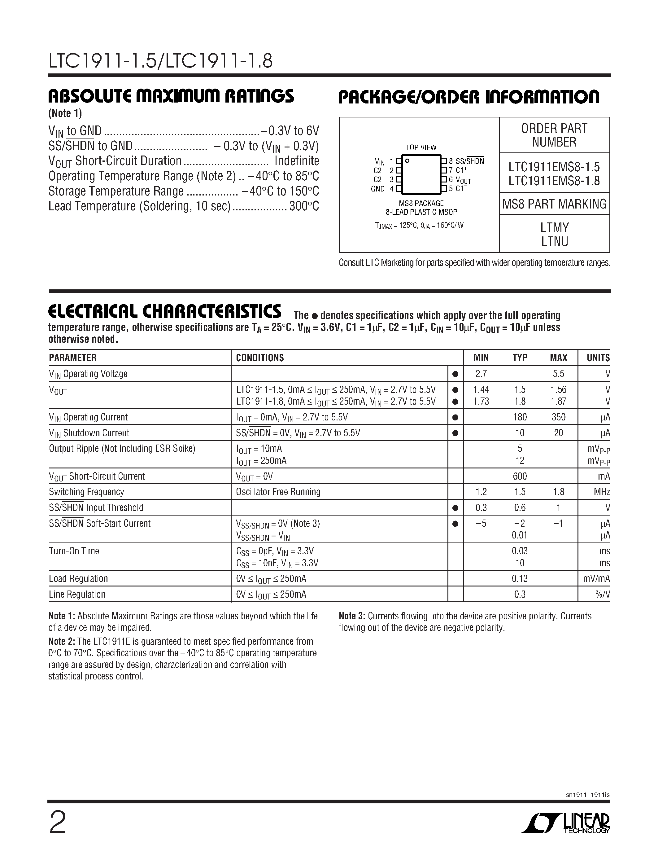 Даташит на микросхему LTC1911-1.5 страница 2 Даташит LTC1911-1.5 - (LTC1911-1.5 / LTC1911-1.8) Inductorless Step-Down DC/DC Converter страница 2