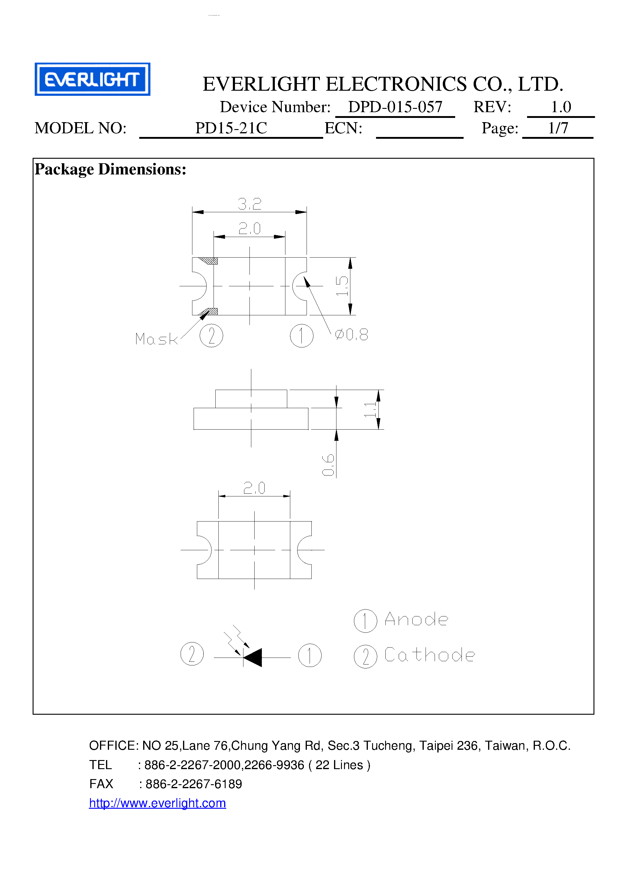 Datasheet PD15-21C page 1 Datasheet PD15-21C - high speed and high sensitve PIN photodiode page 1