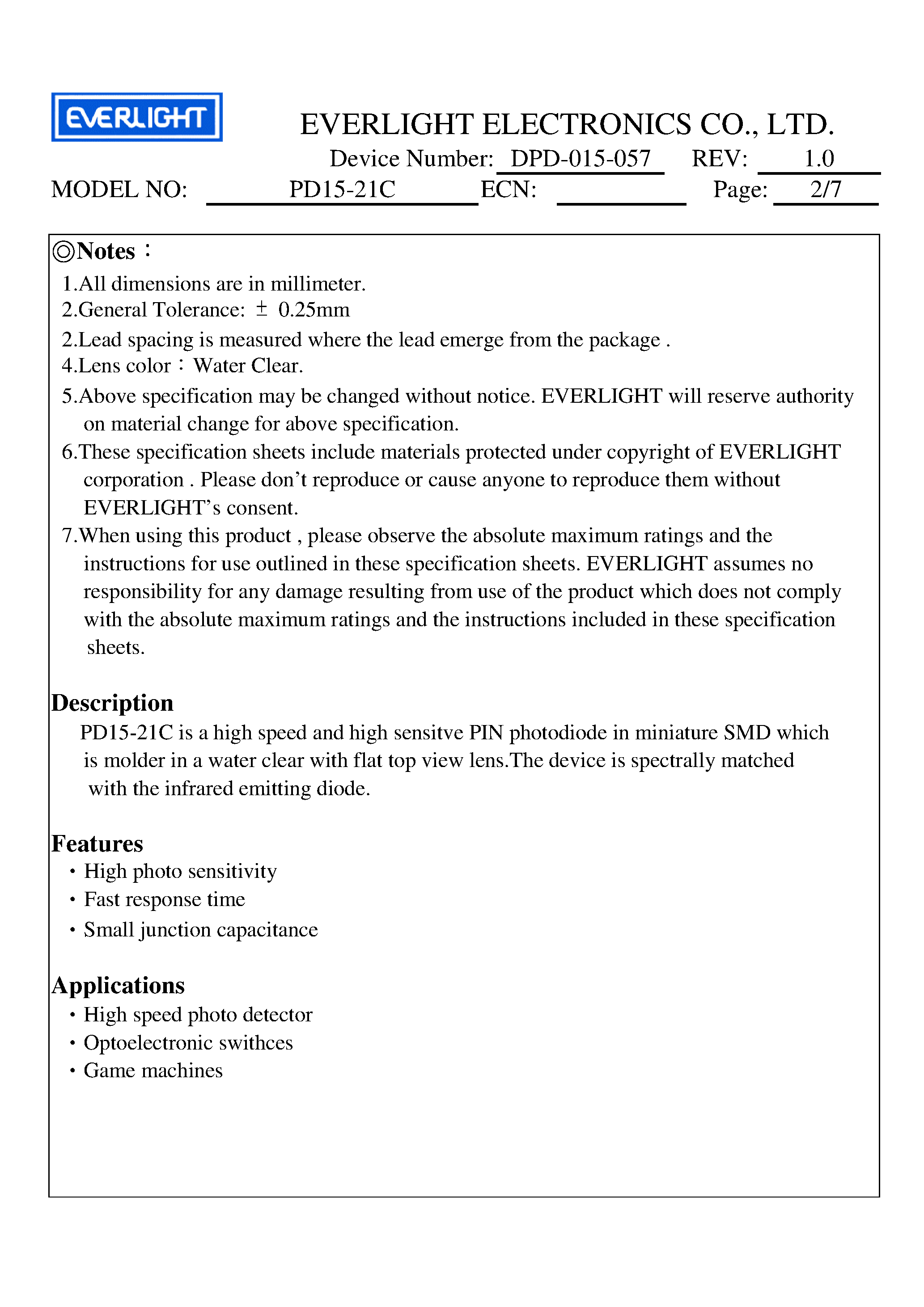 Datasheet PD15-21C page 2 Datasheet PD15-21C - high speed and high sensitve PIN photodiode page 2