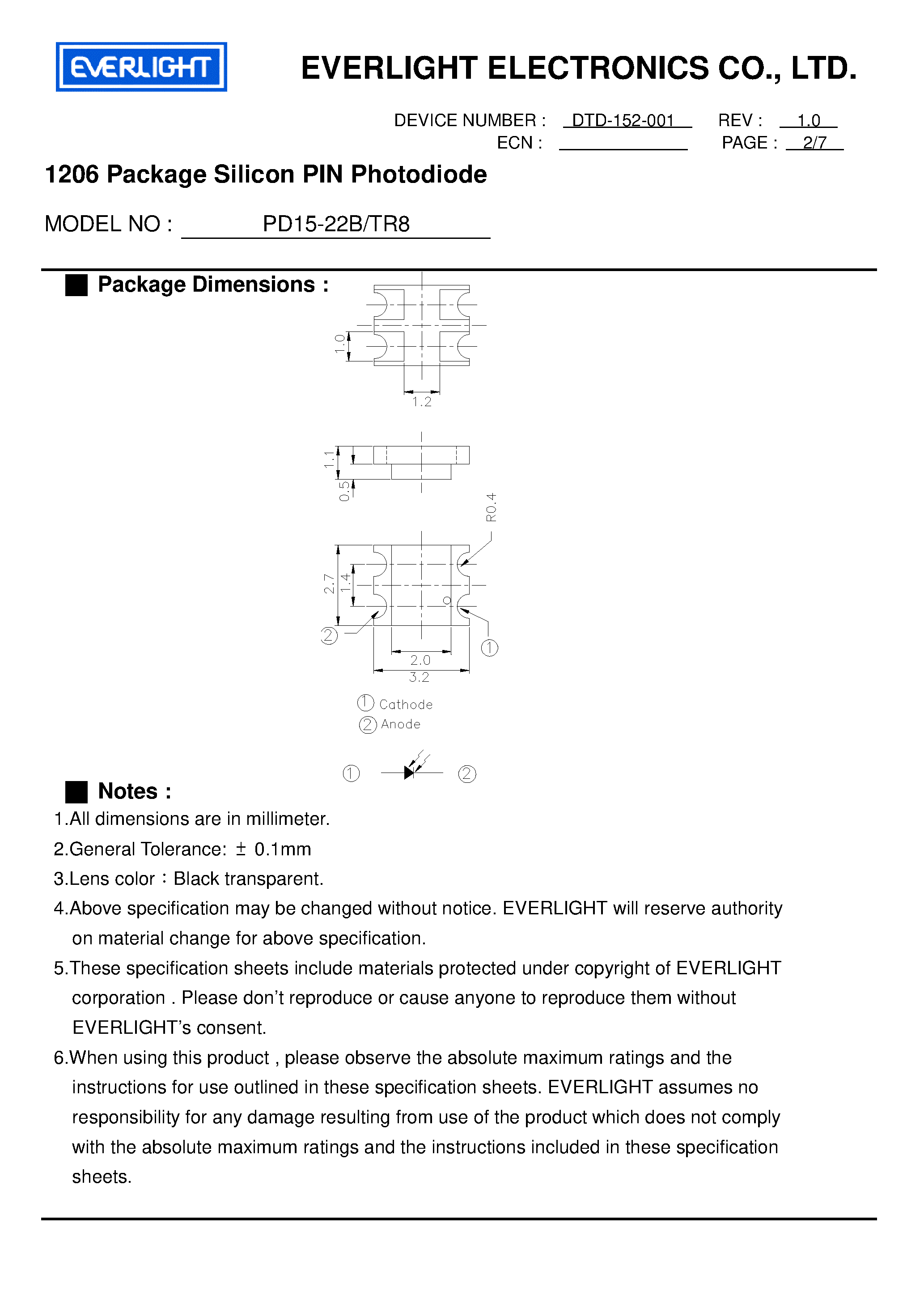 Datasheet PD15-22B - 1206 Package Silicon PIN Photodiode page 2