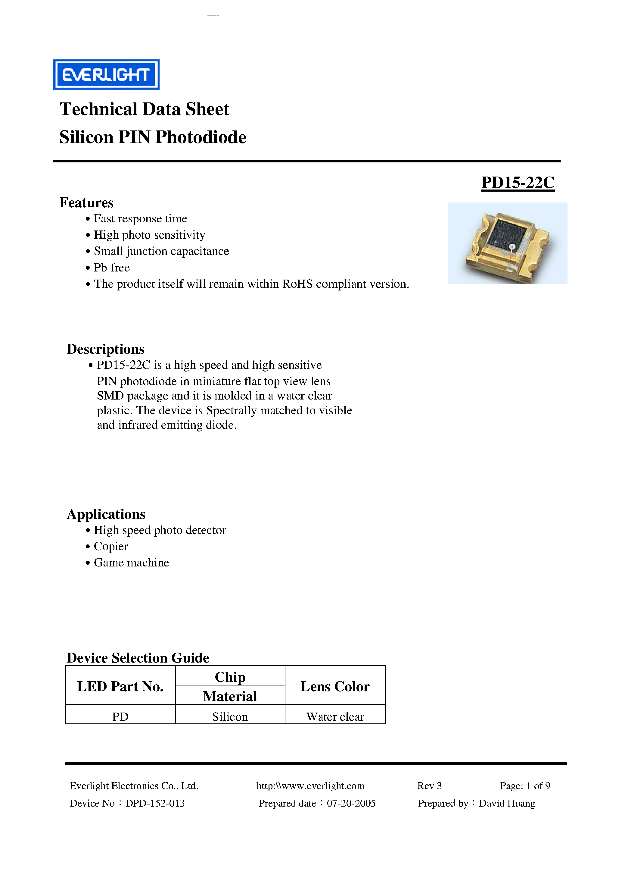 Datasheet PD15-22C page 1 Datasheet PD15-22C - Silicon PIN Photodiode page 1
