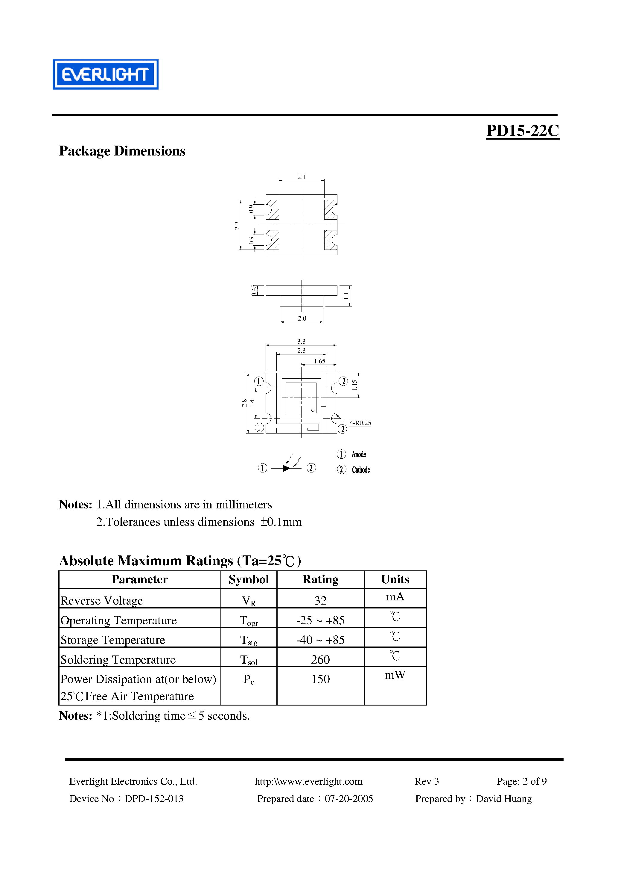 Datasheet PD15-22C page 2 Datasheet PD15-22C - Silicon PIN Photodiode page 2