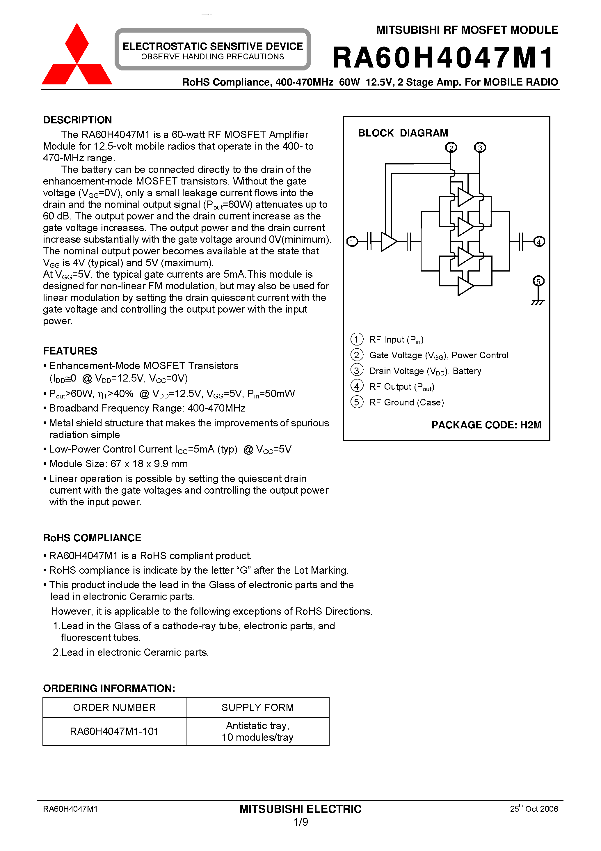 Datasheet RA60H4047M1 page 1 Datasheet RA60H4047M1 - 2 Stage Amp page 1