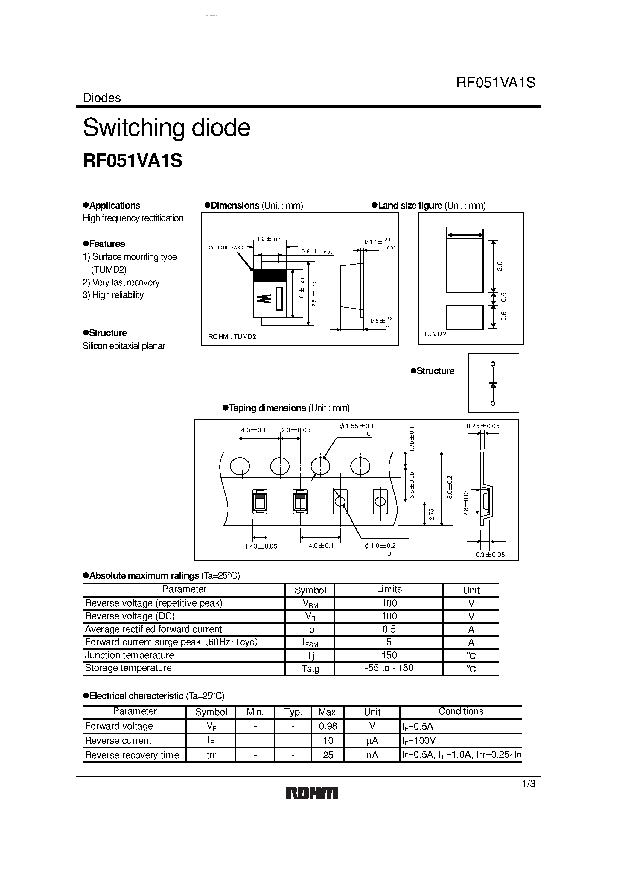 Datasheet RF051VA1S page 1 Datasheet RF051VA1S - Switching diode page 1