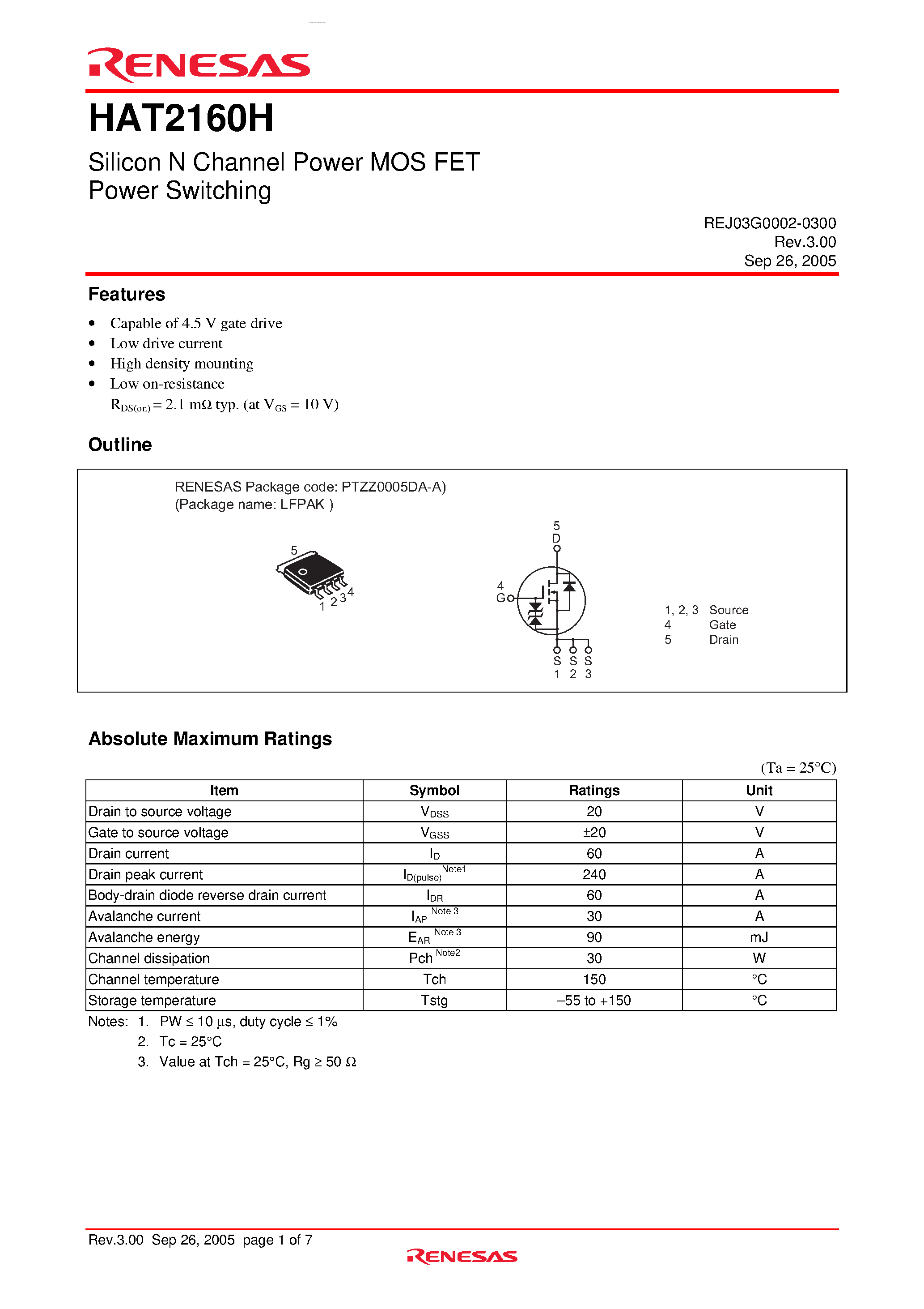 Datasheet HAT2160H page 1 Datasheet HAT2160H - Silicon N-Channel Power MOS FET Power Switching page 1