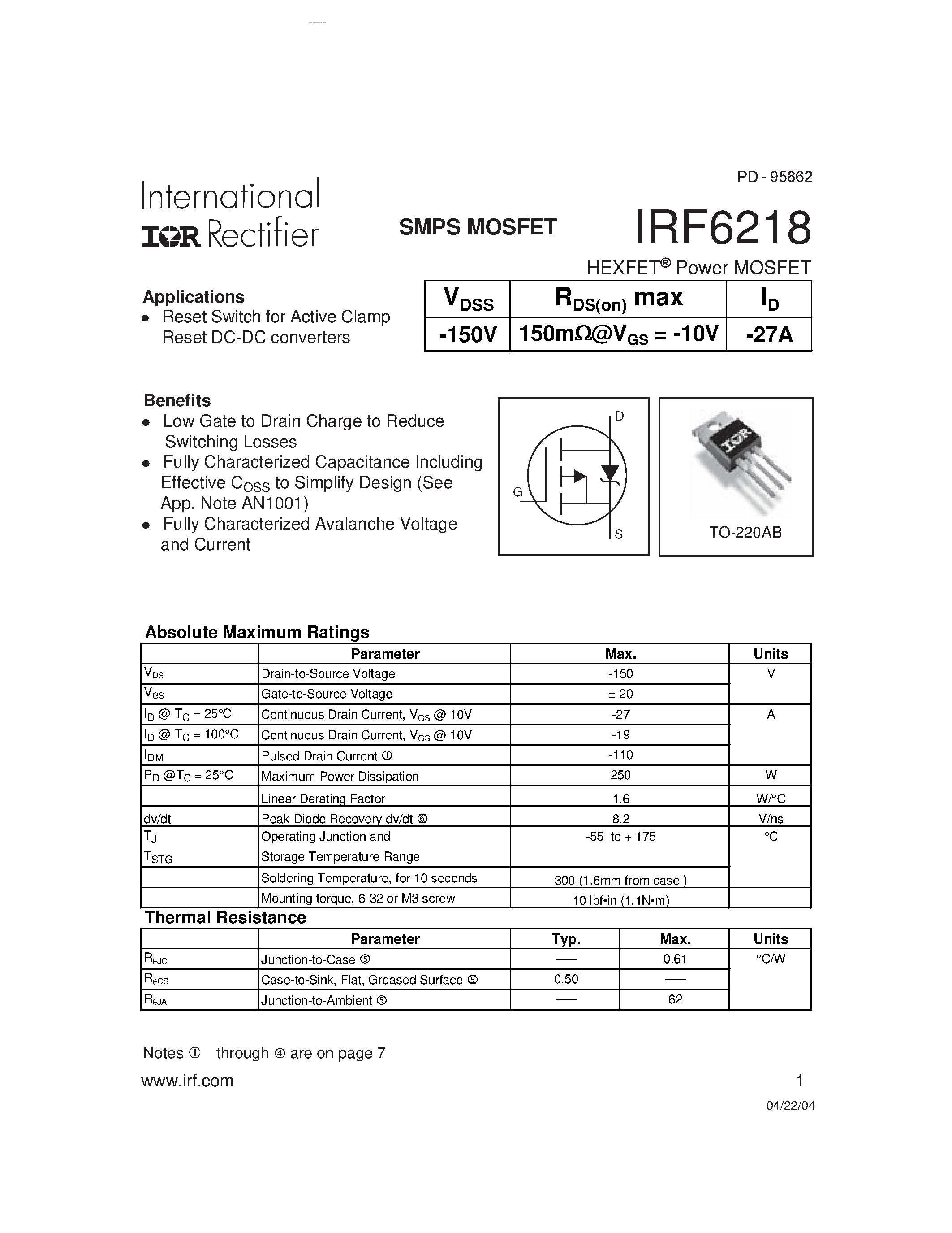Datasheet IRF6218 - SMPS MOSFET page 1