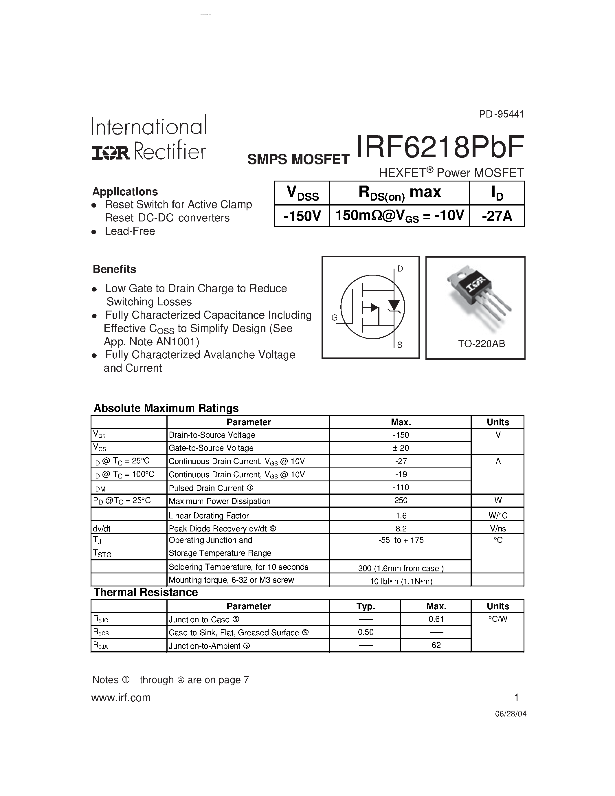 Datasheet IRF6218PBF - HEXFET Power MOSFET page 1