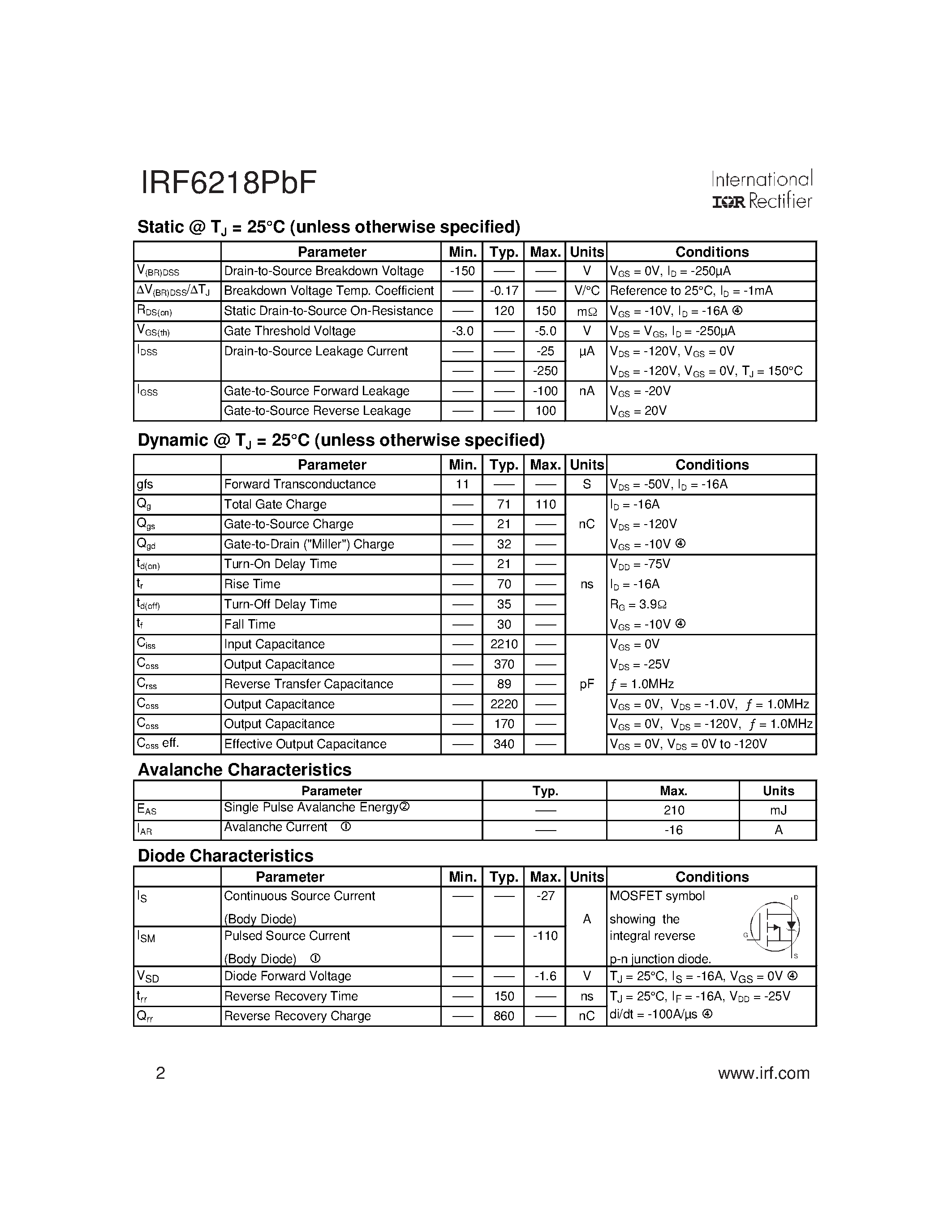 Datasheet IRF6218PBF - HEXFET Power MOSFET page 2