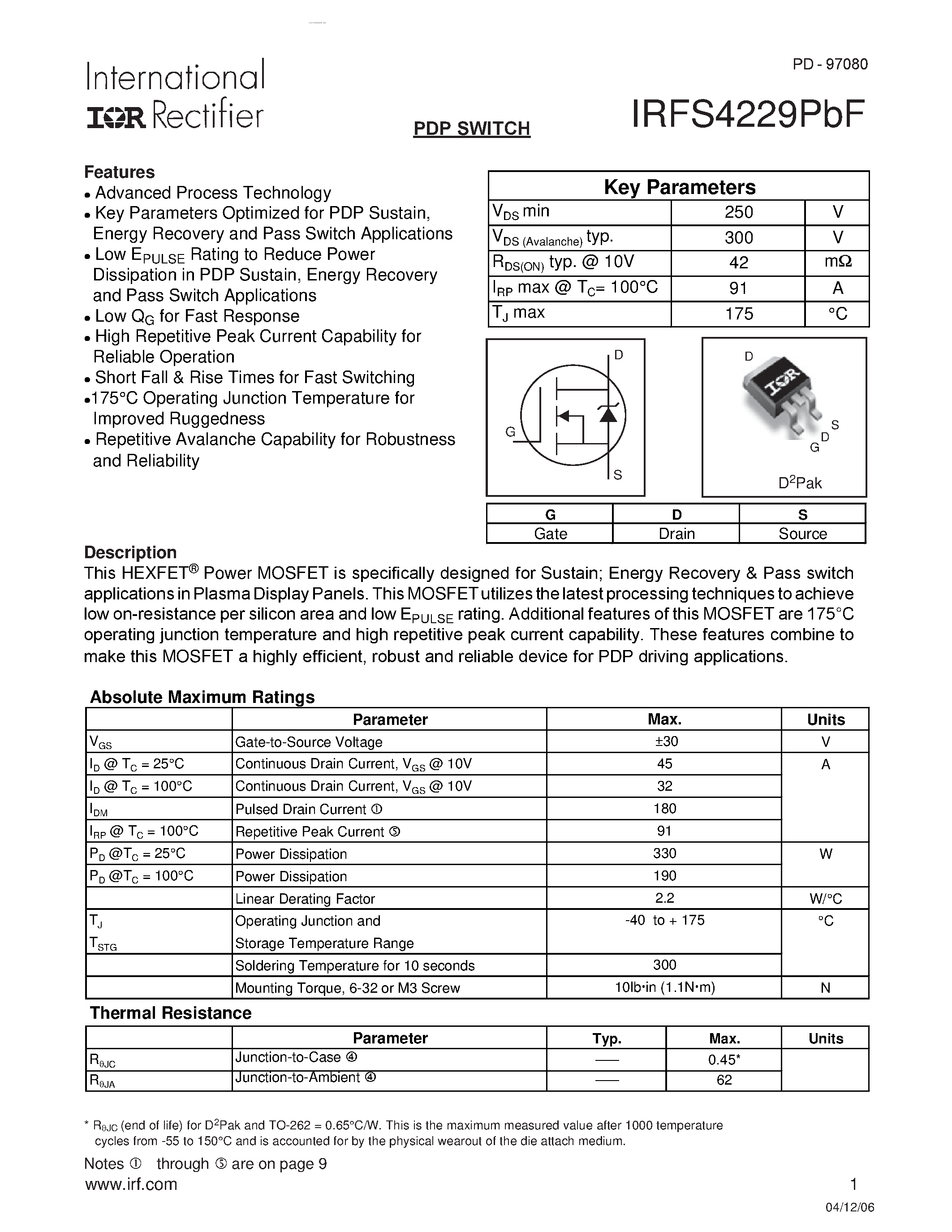 Datasheet IRFS4229PBF - PDP SWITCH page 1