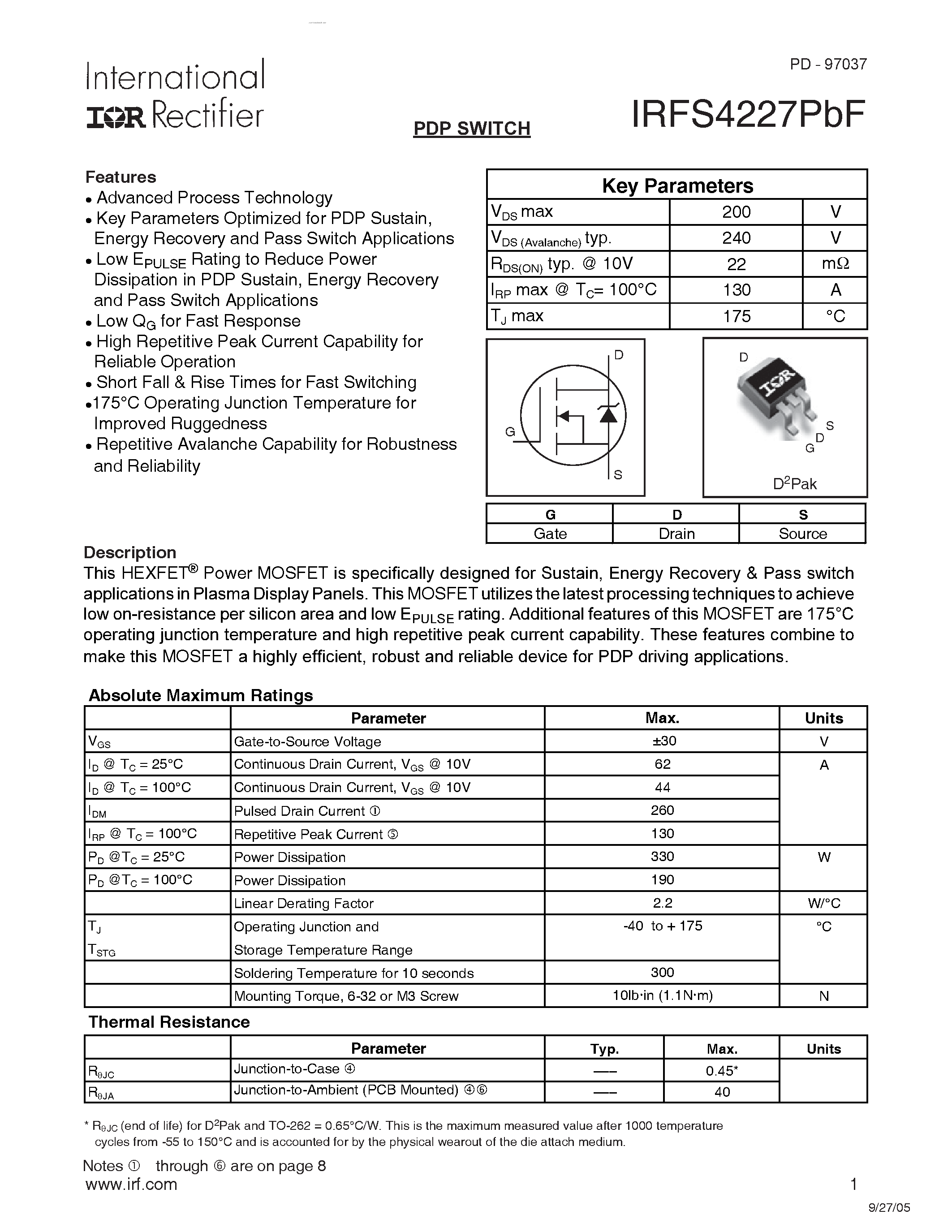 Datasheet IRFS4227PBF - PDP SWITCH page 1