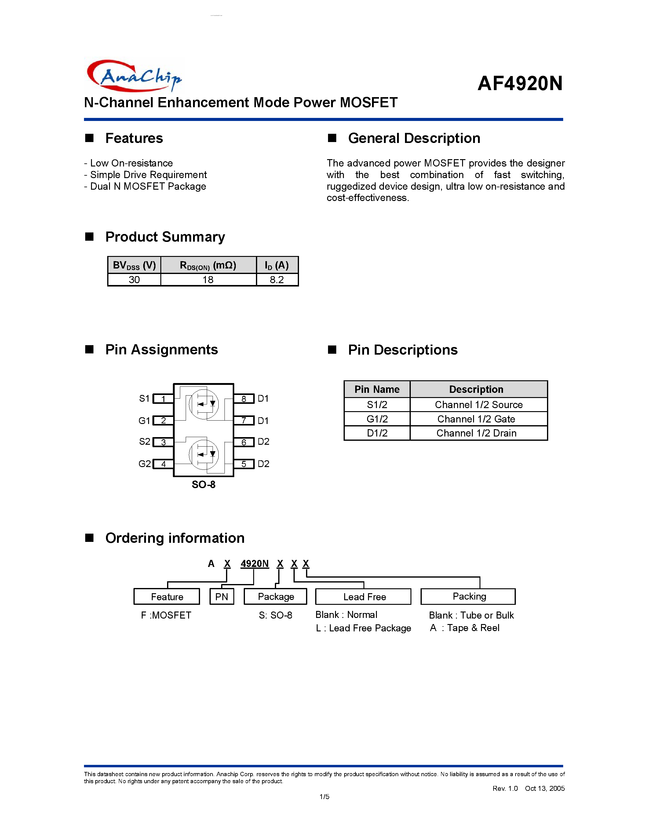 Datasheet AF4920N - N-Channel Enhancement Mode Power MOSFET page 1