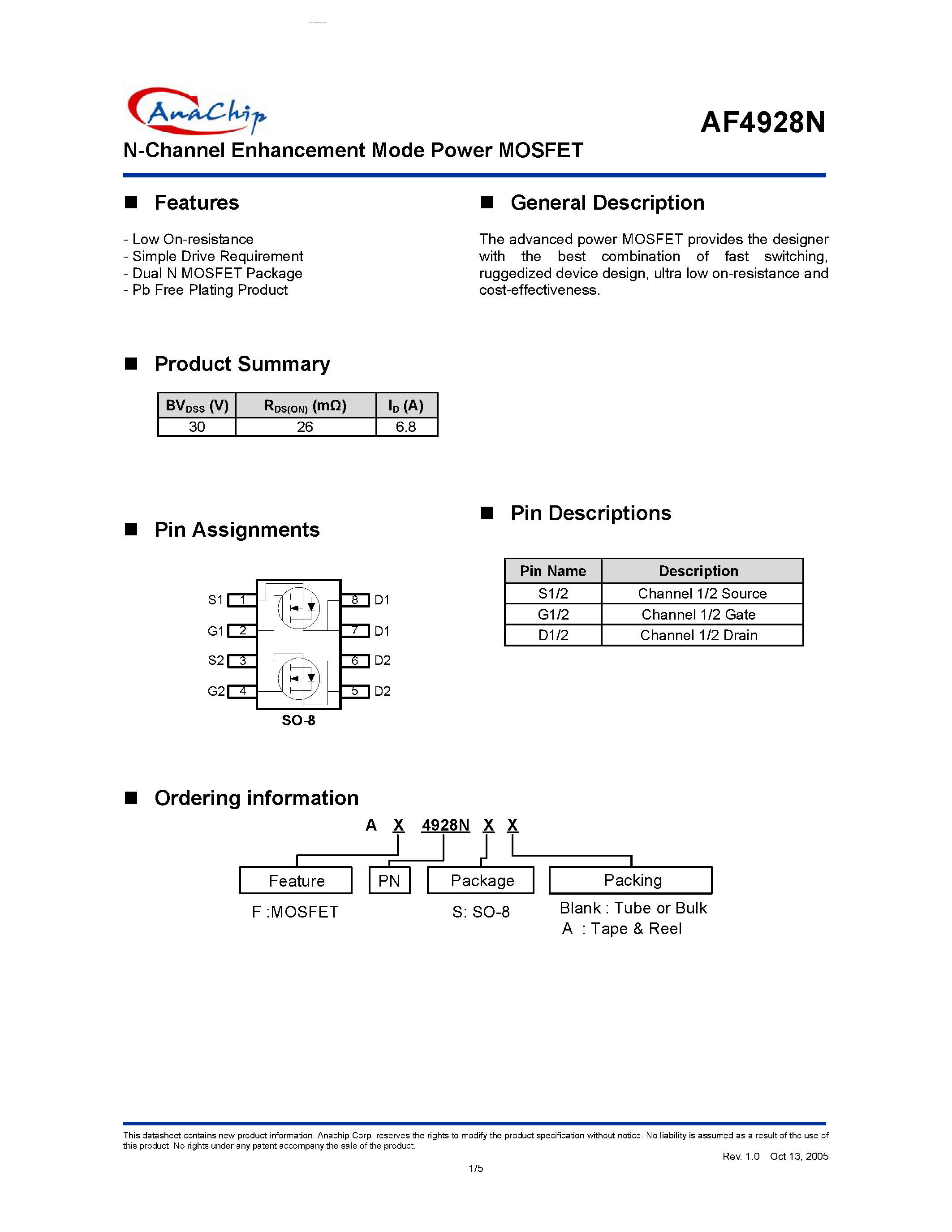 Datasheet AF4928N - N-Channel Enhancement Mode Power MOSFET page 1