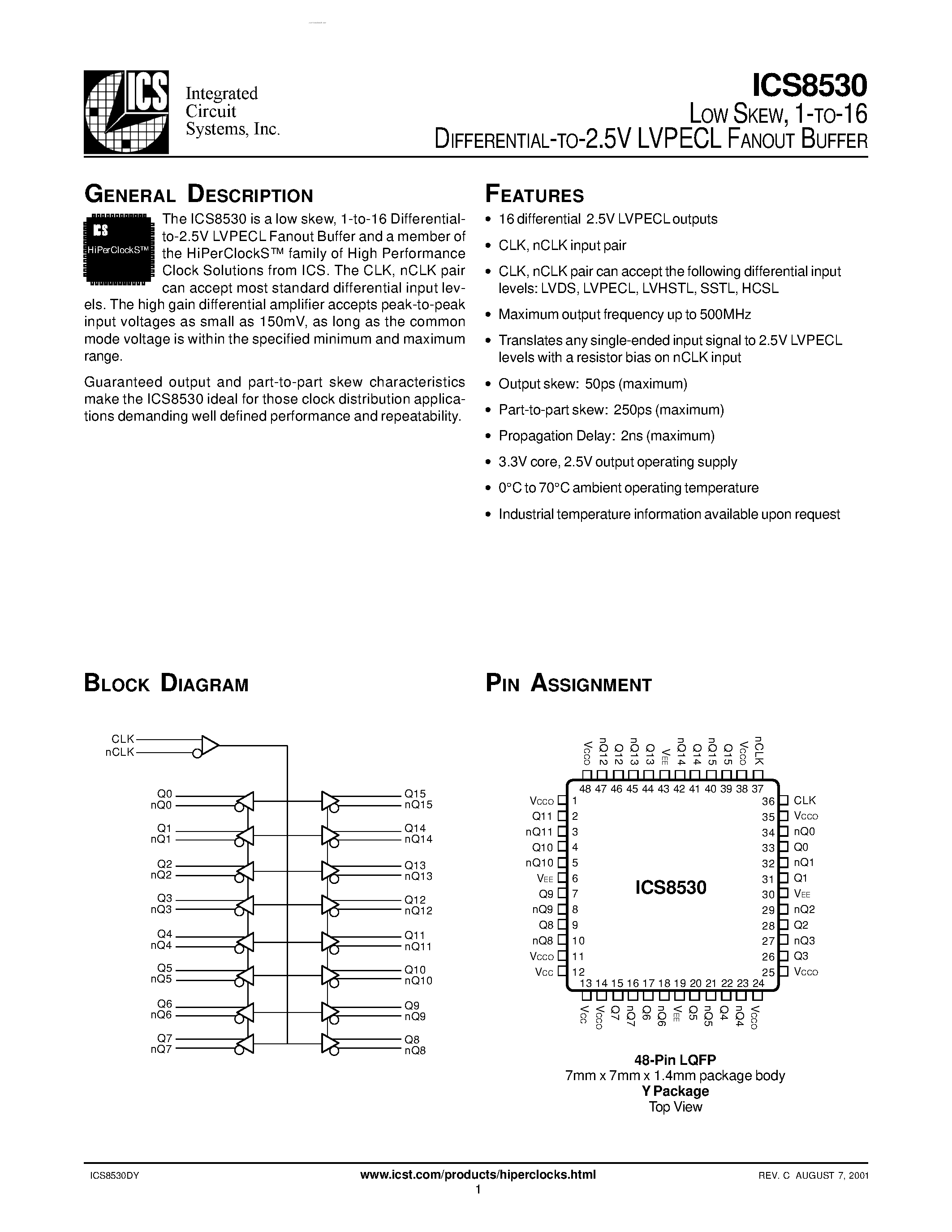 Datasheet ICS8530 - LVPECL FANOUT BUFFER page 1