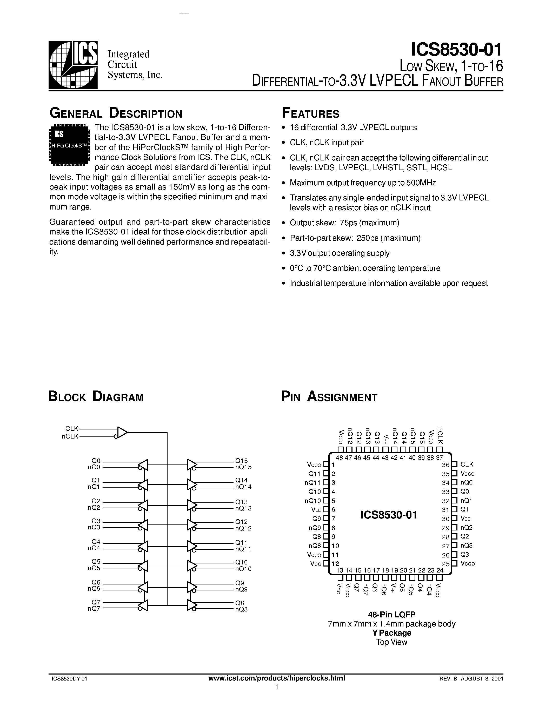 Datasheet ICS8530-01 - LVPECL FANOUT BUFFER page 1