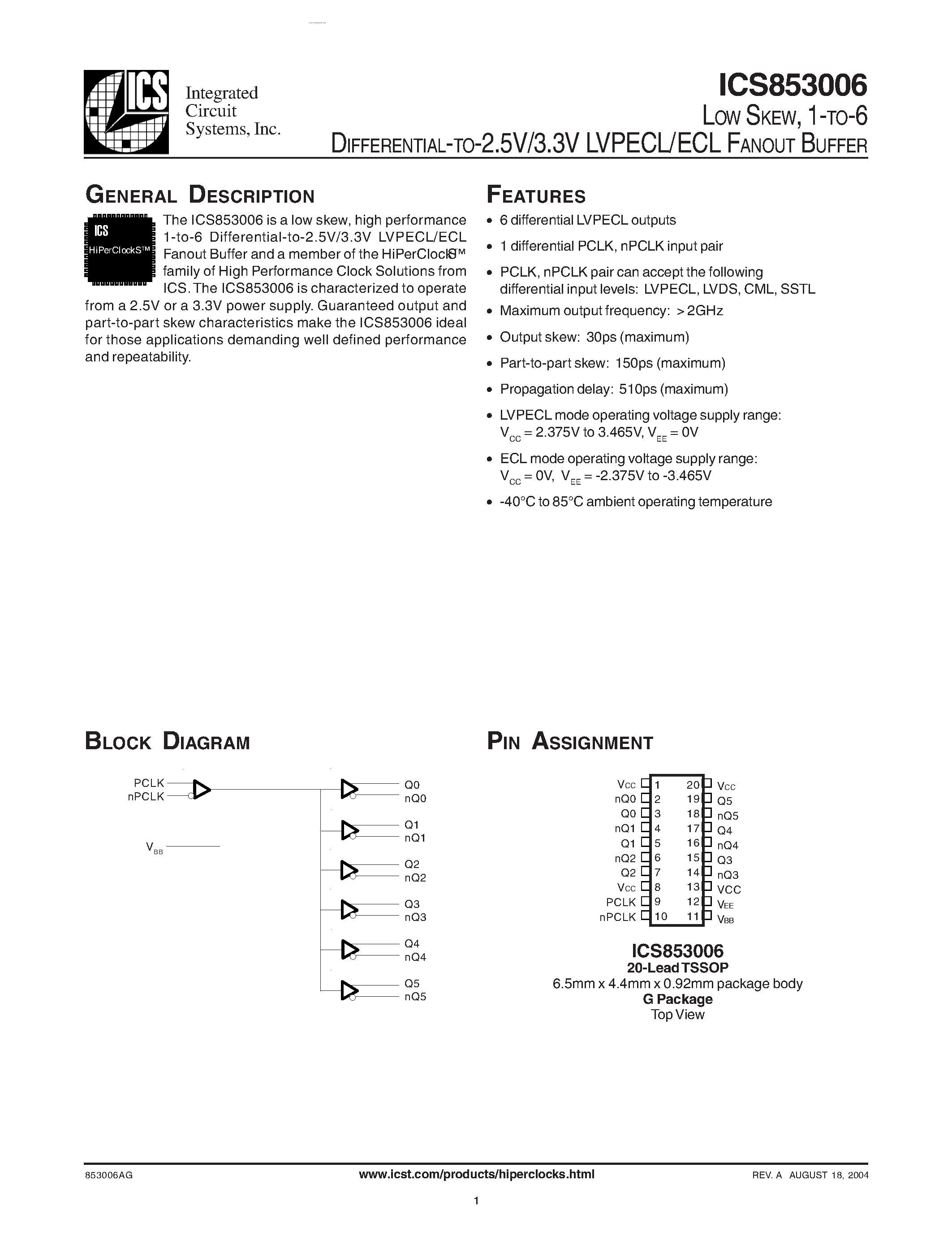 Datasheet ICS853006 - LVPECL/ECL FANOUT BUFFER page 1