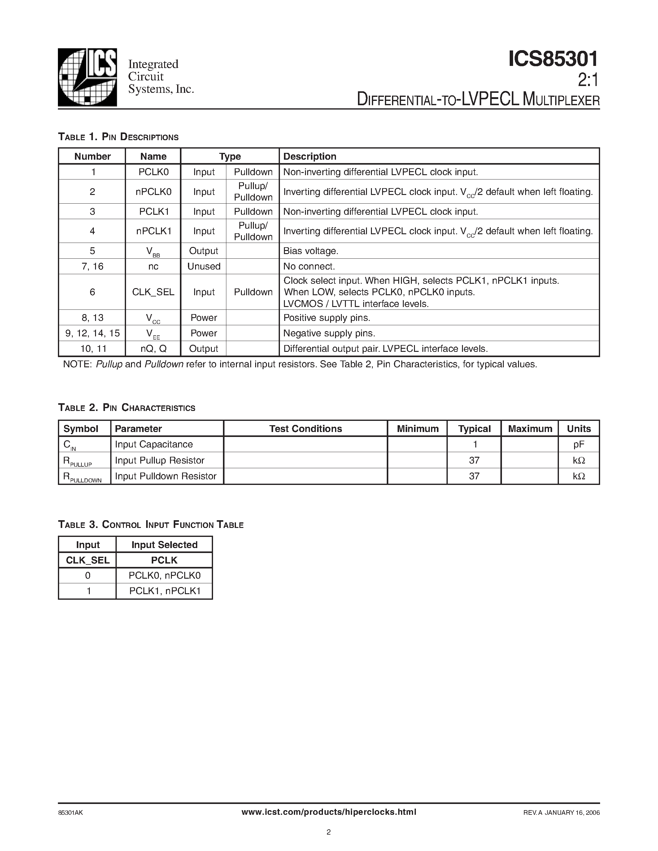 Datasheet ICS85301 page 2 Datasheet ICS85301 - 2:1 DIFFERENTIAL-TO-LVPECL MULTIPLEXER page 2