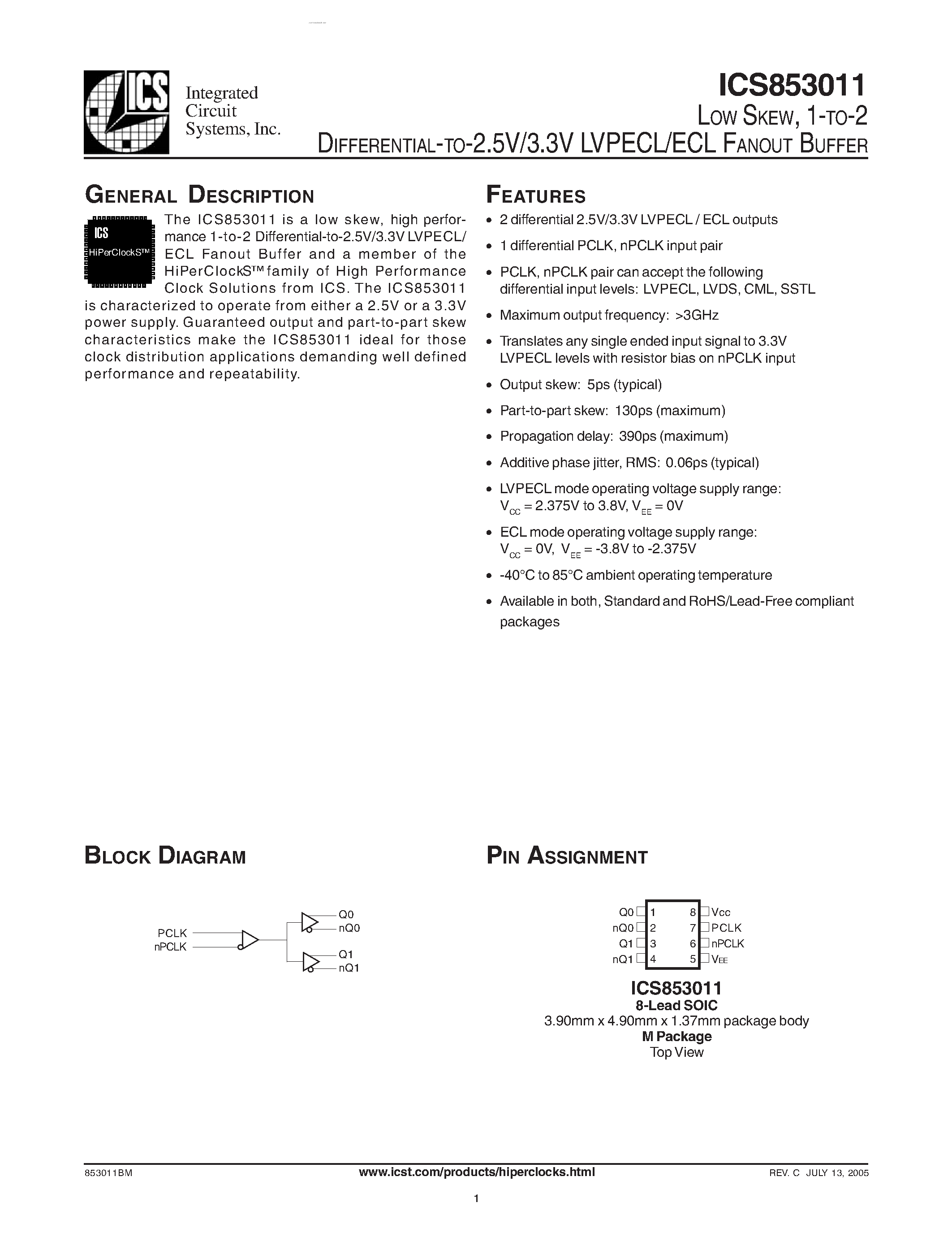Даташит ICS853011 - LVPECL/ECL FANOUT BUFFER страница 1