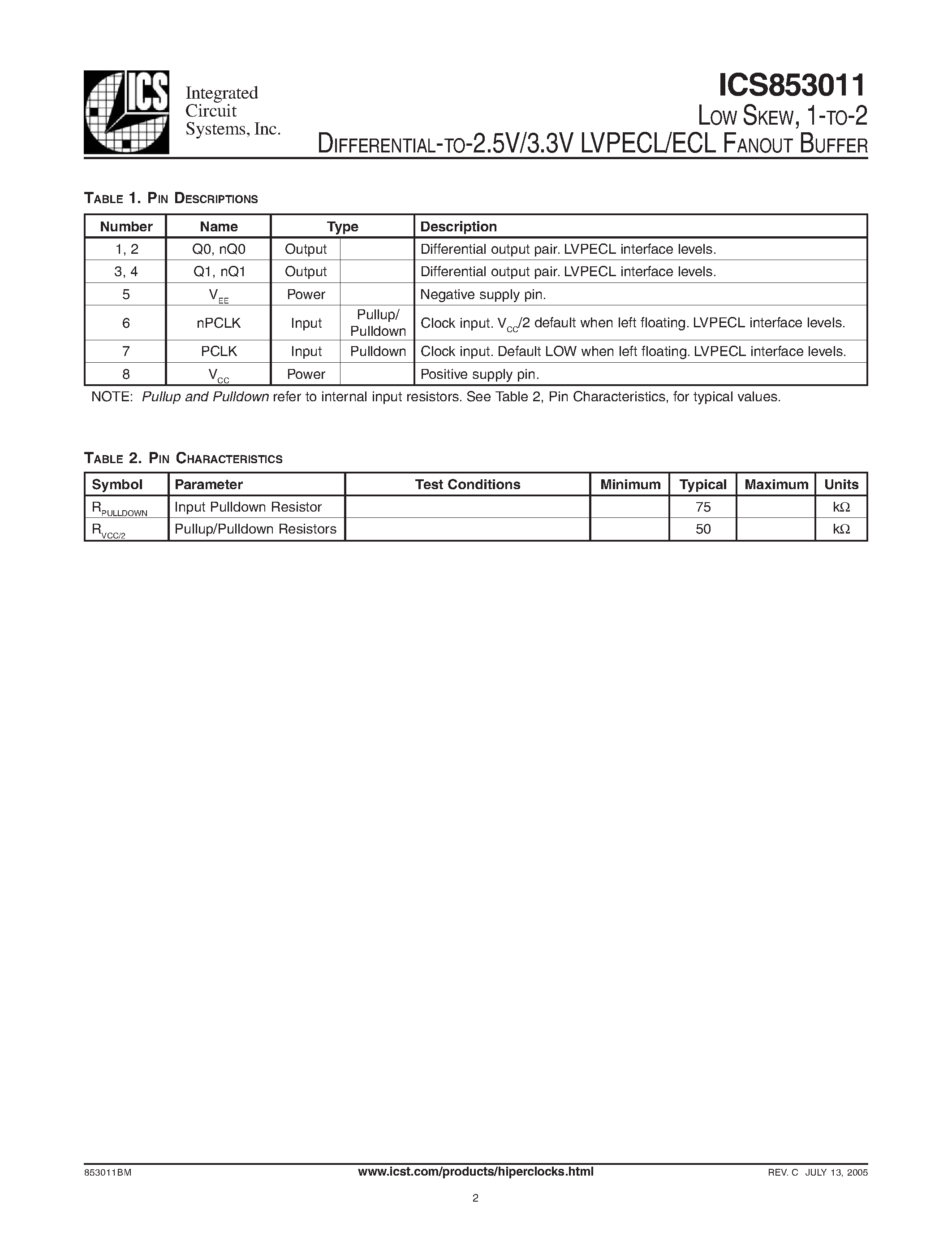 Даташит ICS853011 - LVPECL/ECL FANOUT BUFFER страница 2