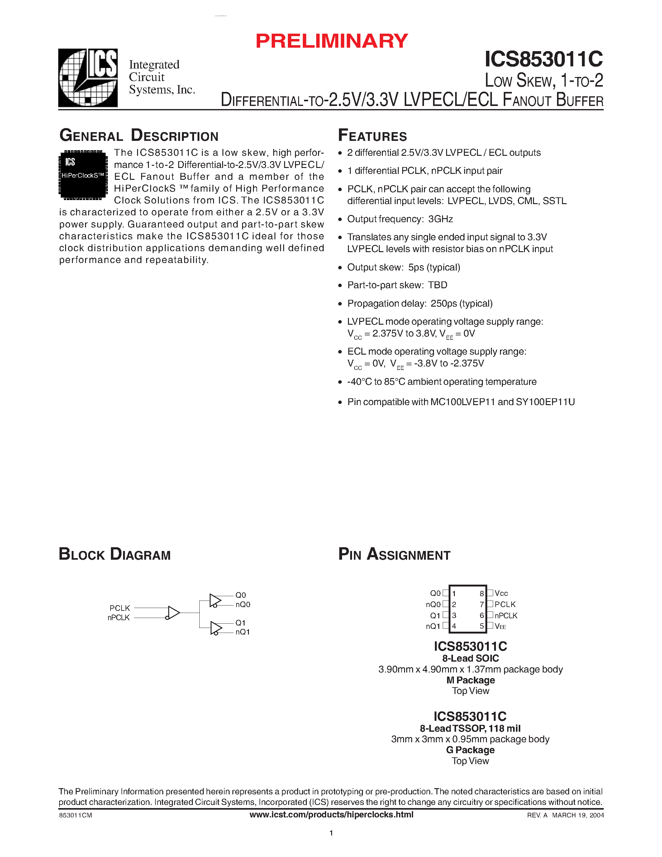 Datasheet ICS853011C - LVPECL/ECL FANOUT BUFFER page 1