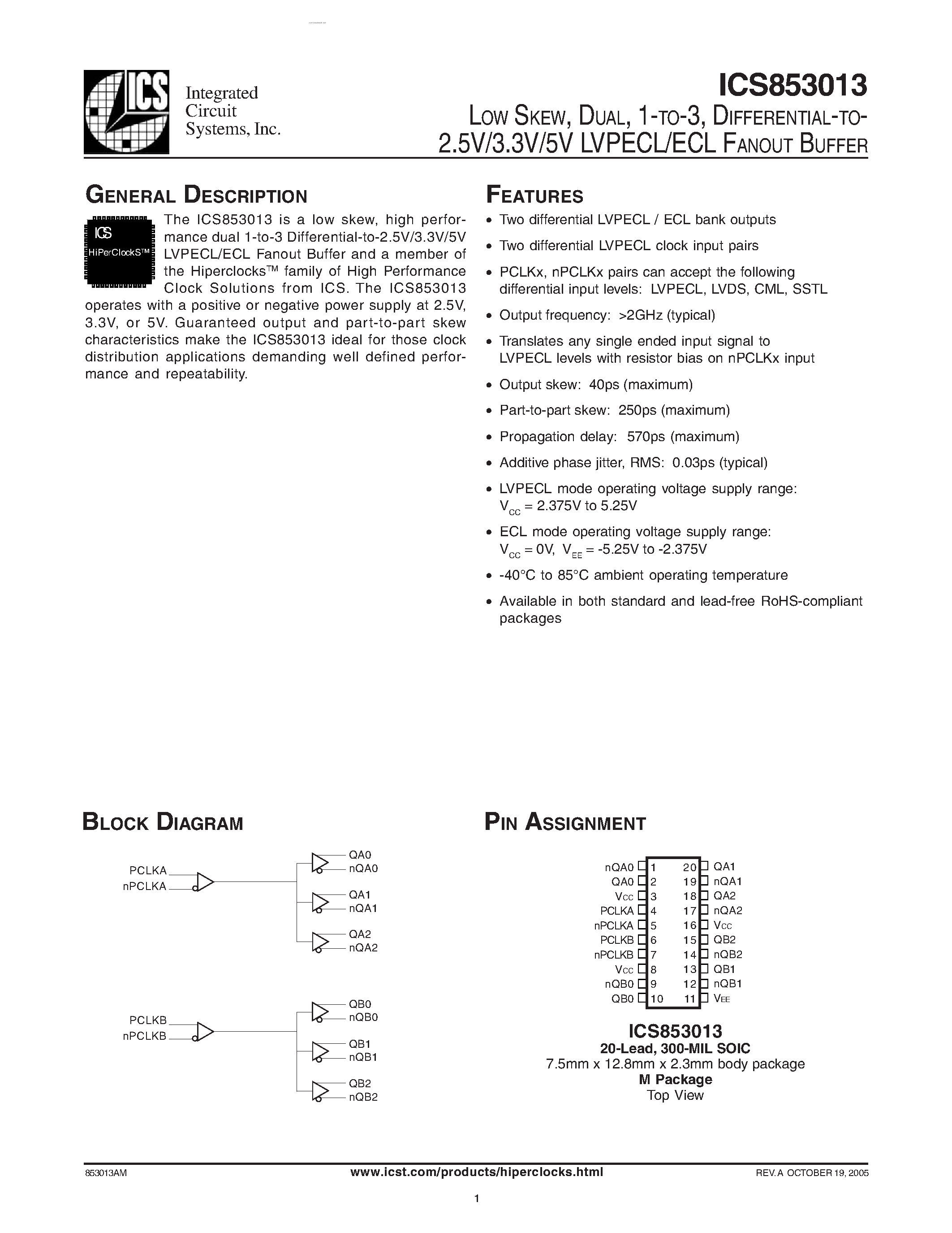 Даташит ICS853013 - LVPECL/ECL FANOUT BUFFER страница 1