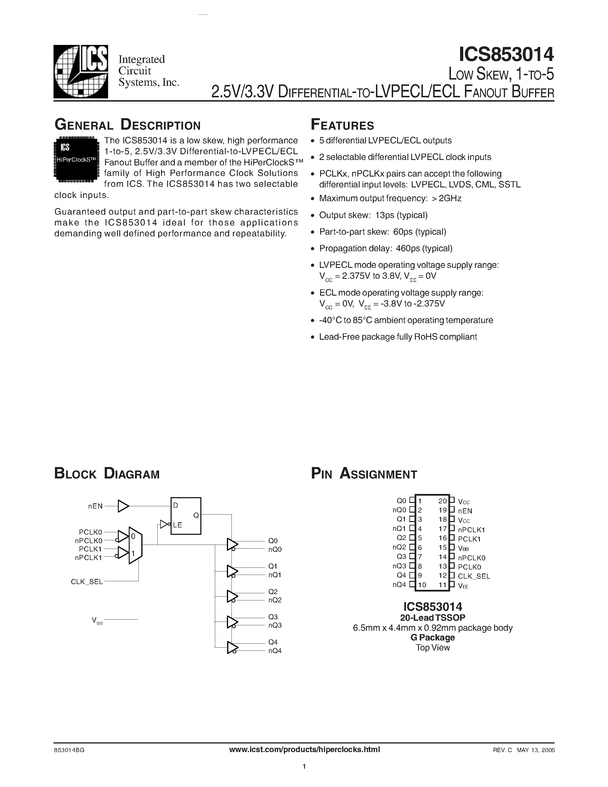 Datasheet ICS853014 - DIFFERENTIAL-TO-LVPECL/ECL FANOUT BUFFER page 1