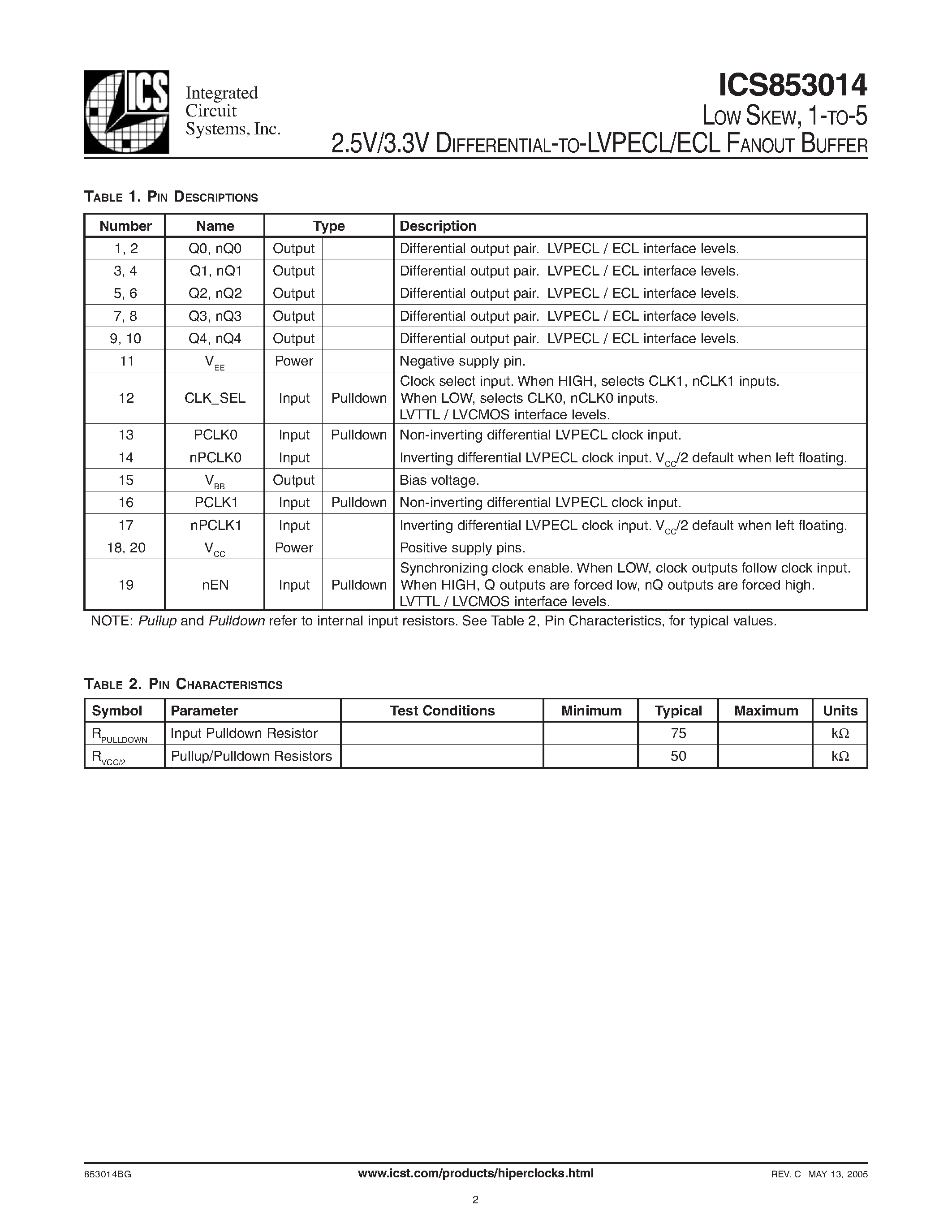 Datasheet ICS853014 - DIFFERENTIAL-TO-LVPECL/ECL FANOUT BUFFER page 2
