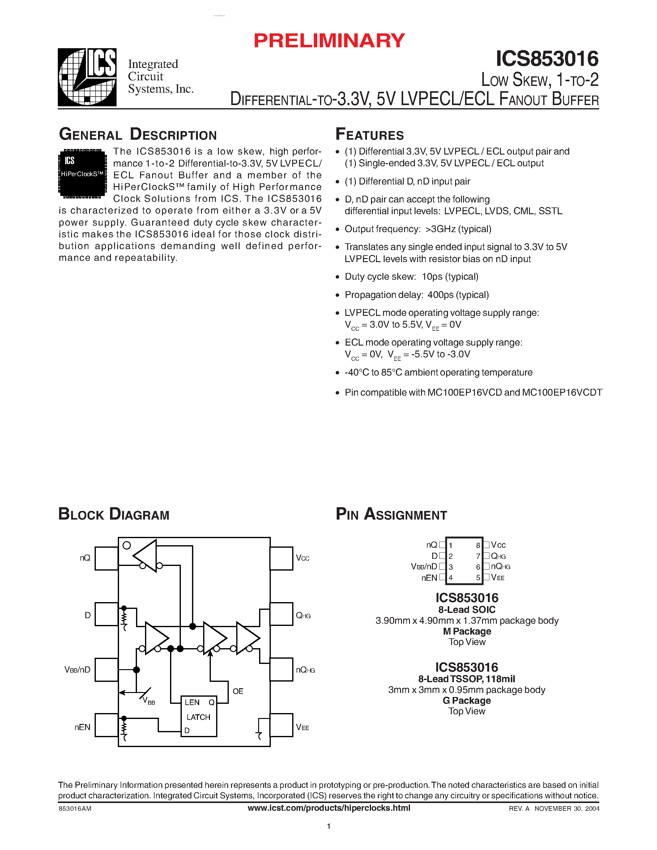 Datasheet ICS853016 page 1 Datasheet ICS853016 - LVPECL/ECL FANOUT BUFFER page 1