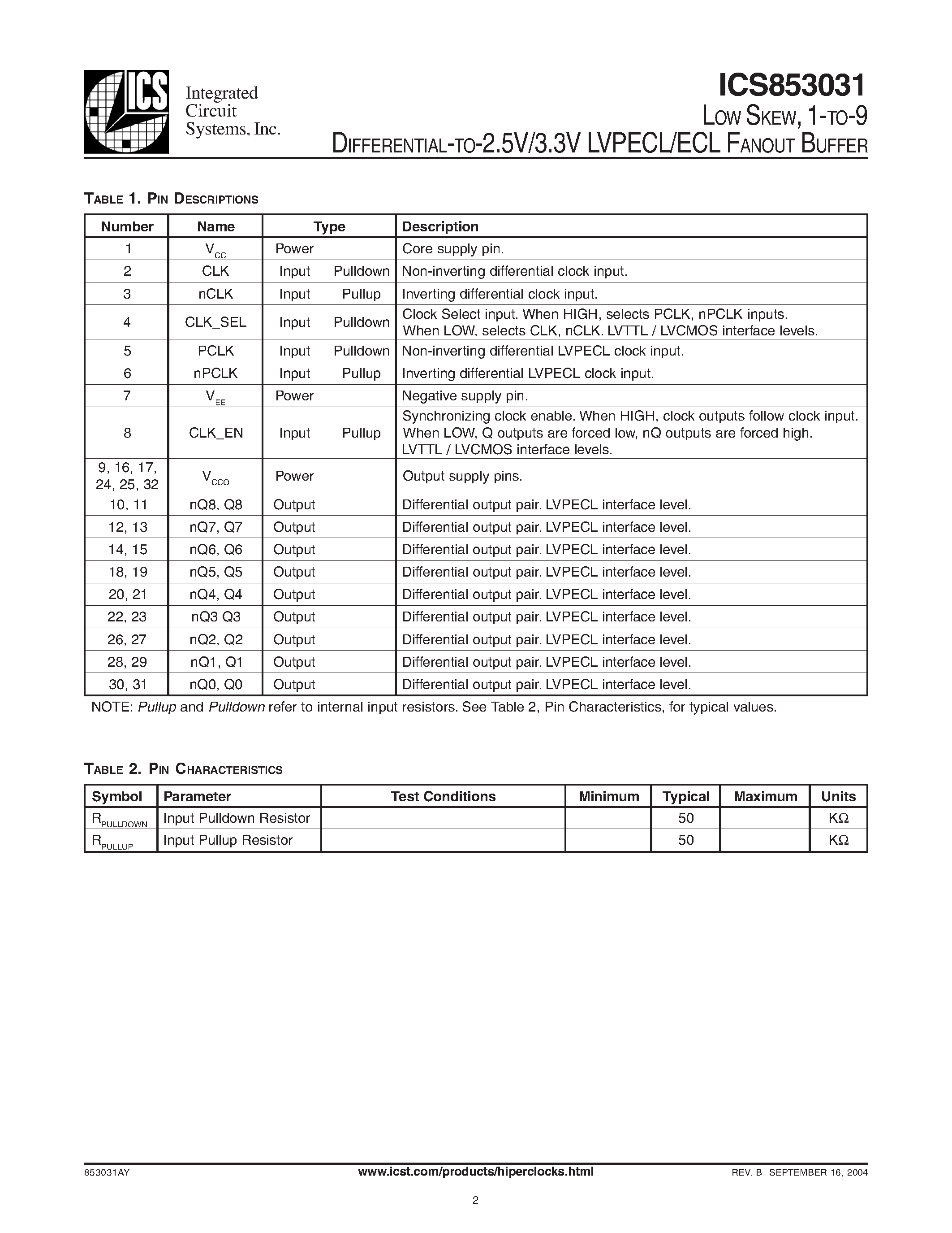 Datasheet ICS853031 - LVPECL/ECL FANOUT BUFFER page 2