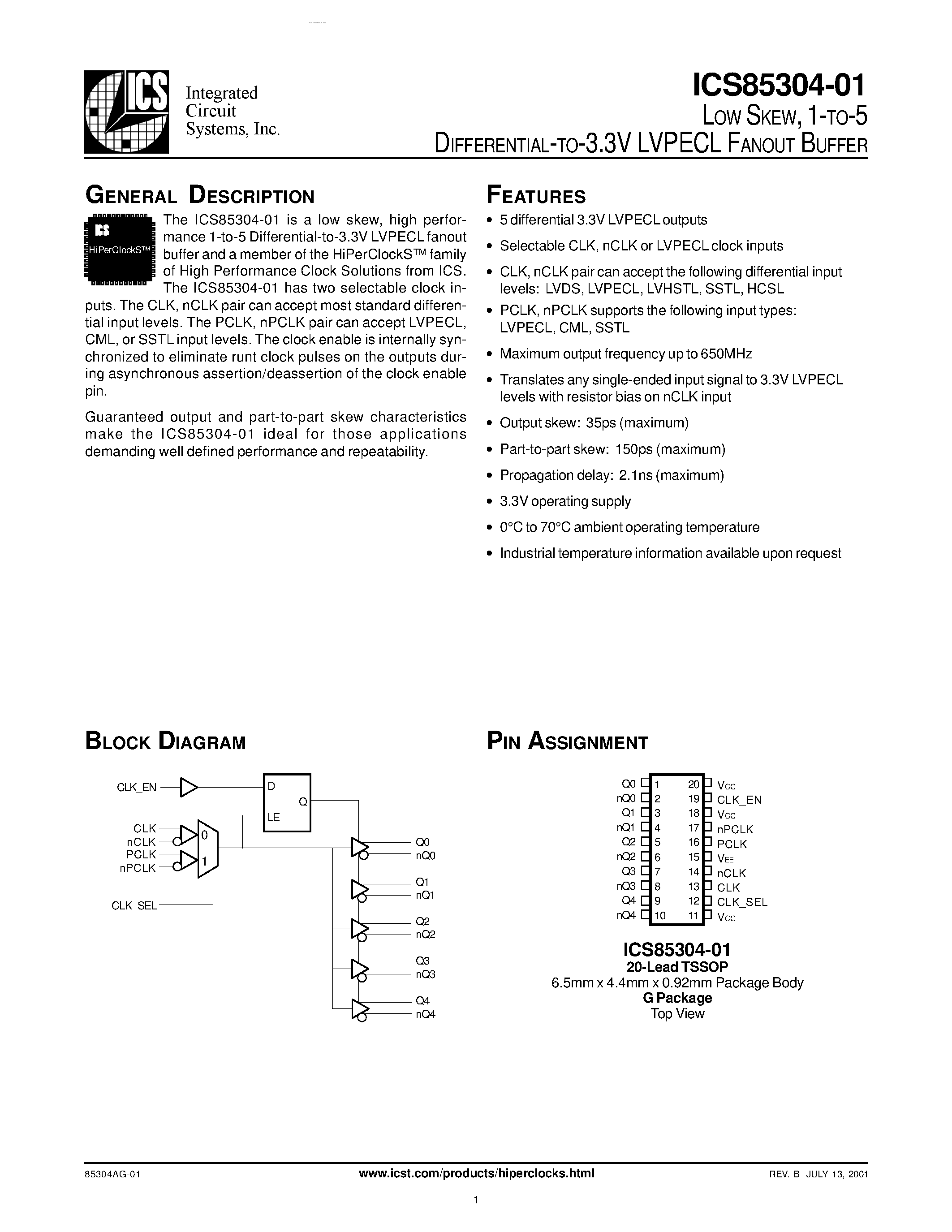 Datasheet ICS85304-01 - LVPECL FANOUT BUFFER page 1
