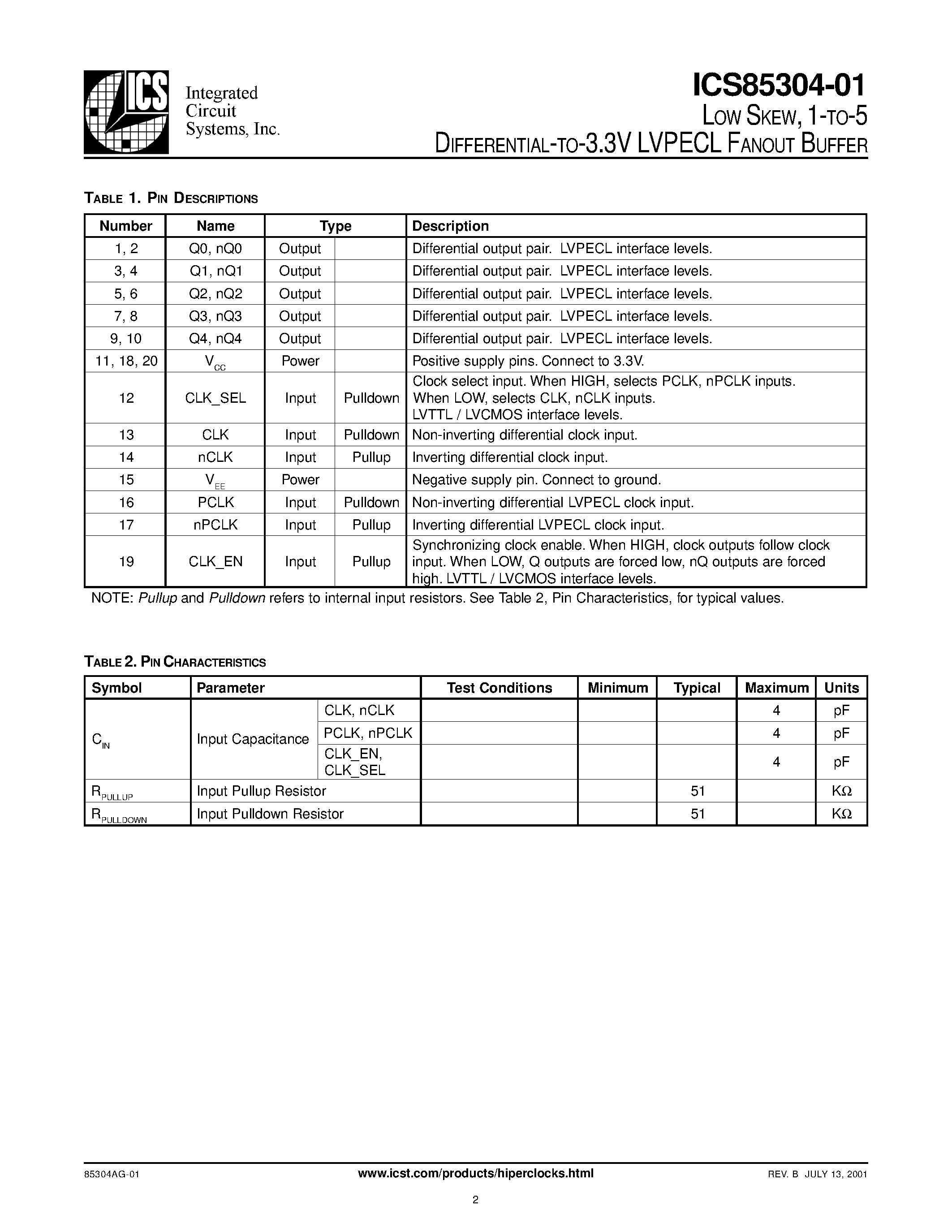 Datasheet ICS85304-01 - LVPECL FANOUT BUFFER page 2