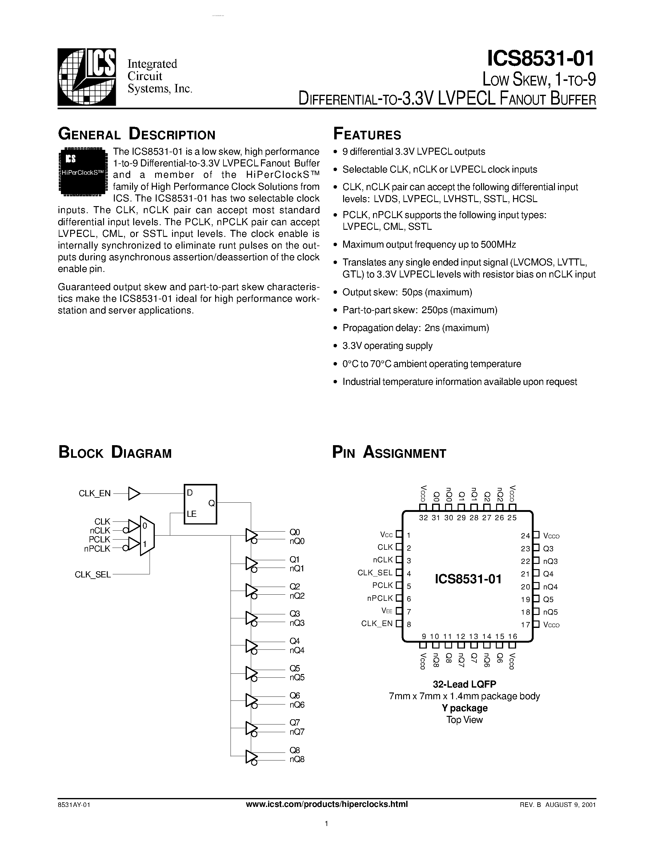 Datasheet ICS8531-01 - LVPECL FANOUT BUFFER page 1