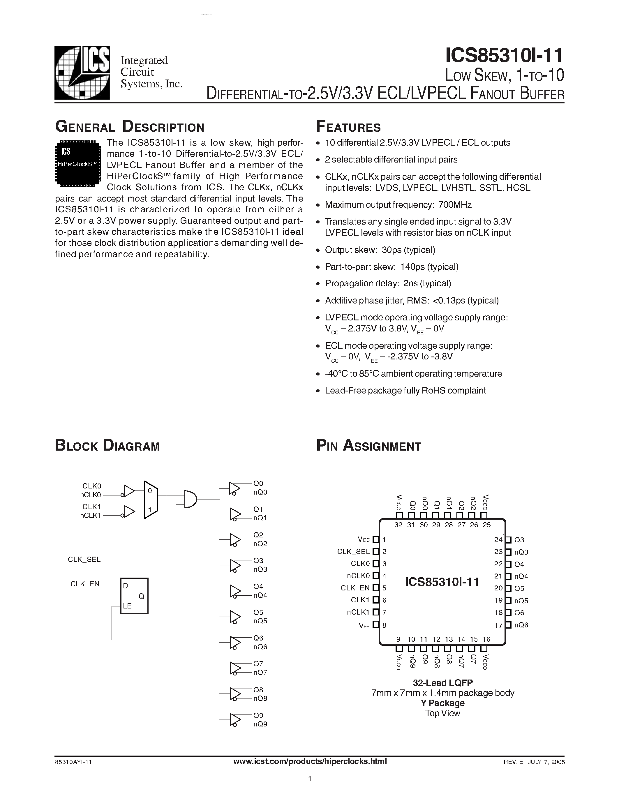 Datasheet ICS85310I-11 - ECL/LVPECL FANOUT BUFFER page 1
