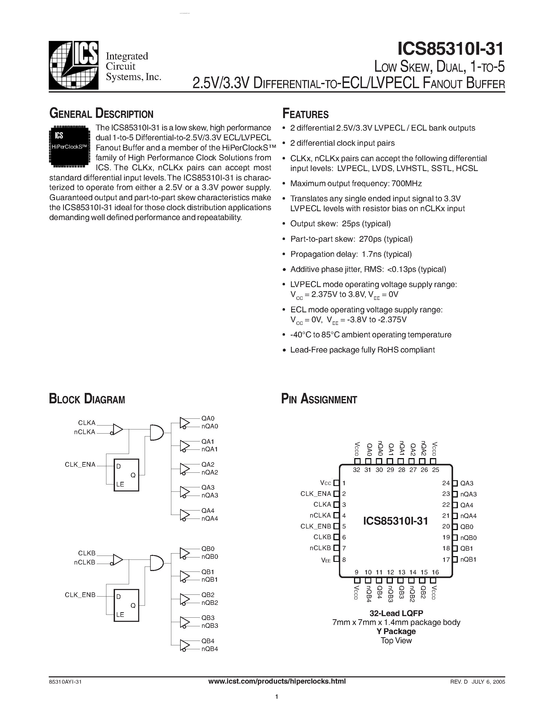 Даташит ICS85310I-31 - DIFFERENTIAL-TO-ECL/LVPECL FANOUT BUFFER страница 1