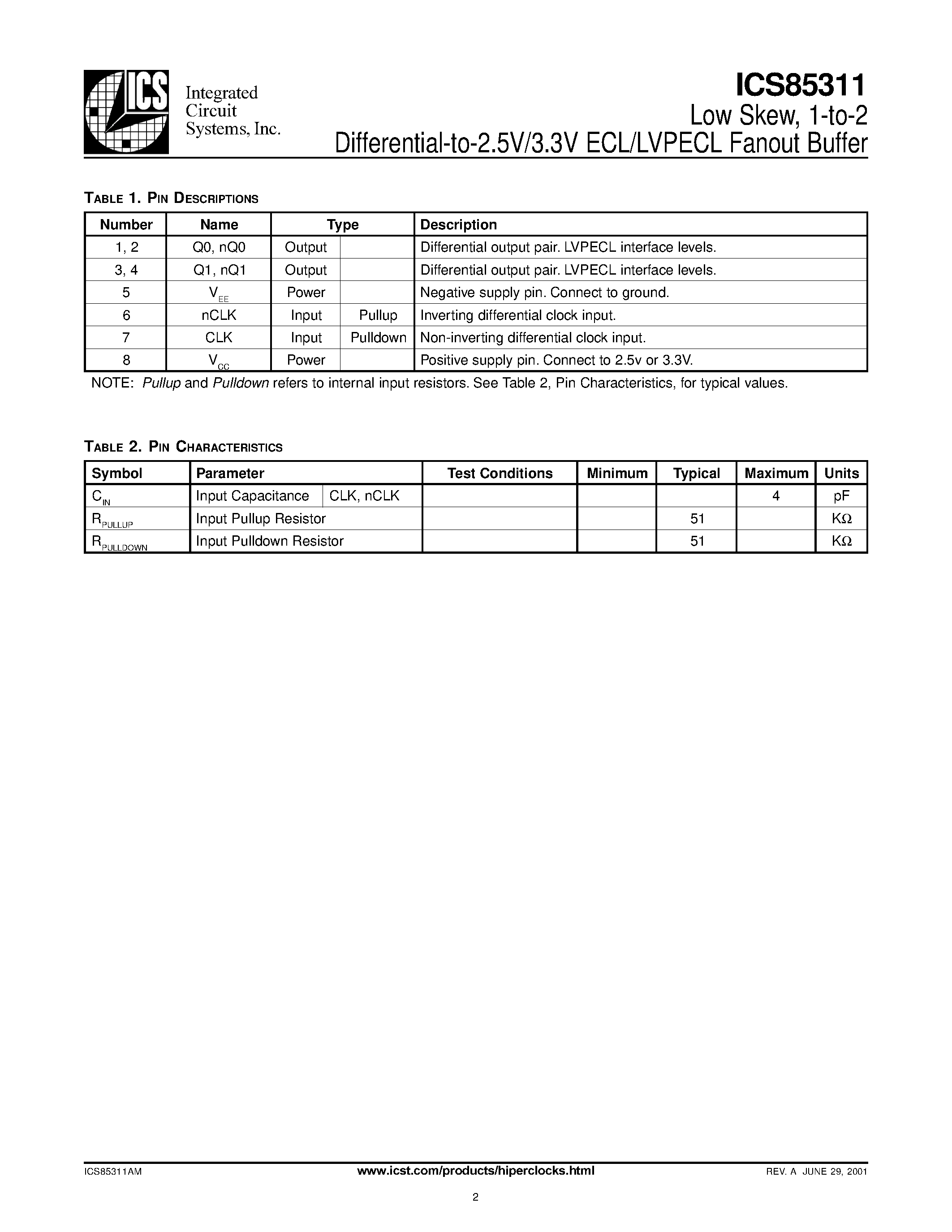 Datasheet ICS85311 page 2 Datasheet ICS85311 - ECL/LVPECL Fanout Buffer page 2