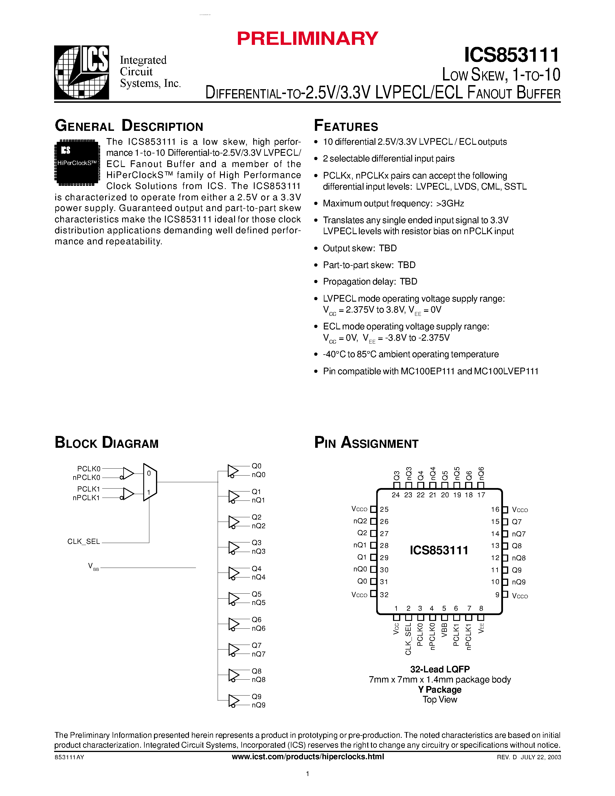 Datasheet ICS853111 - LVPECL/ECL FANOUT BUFFER page 1