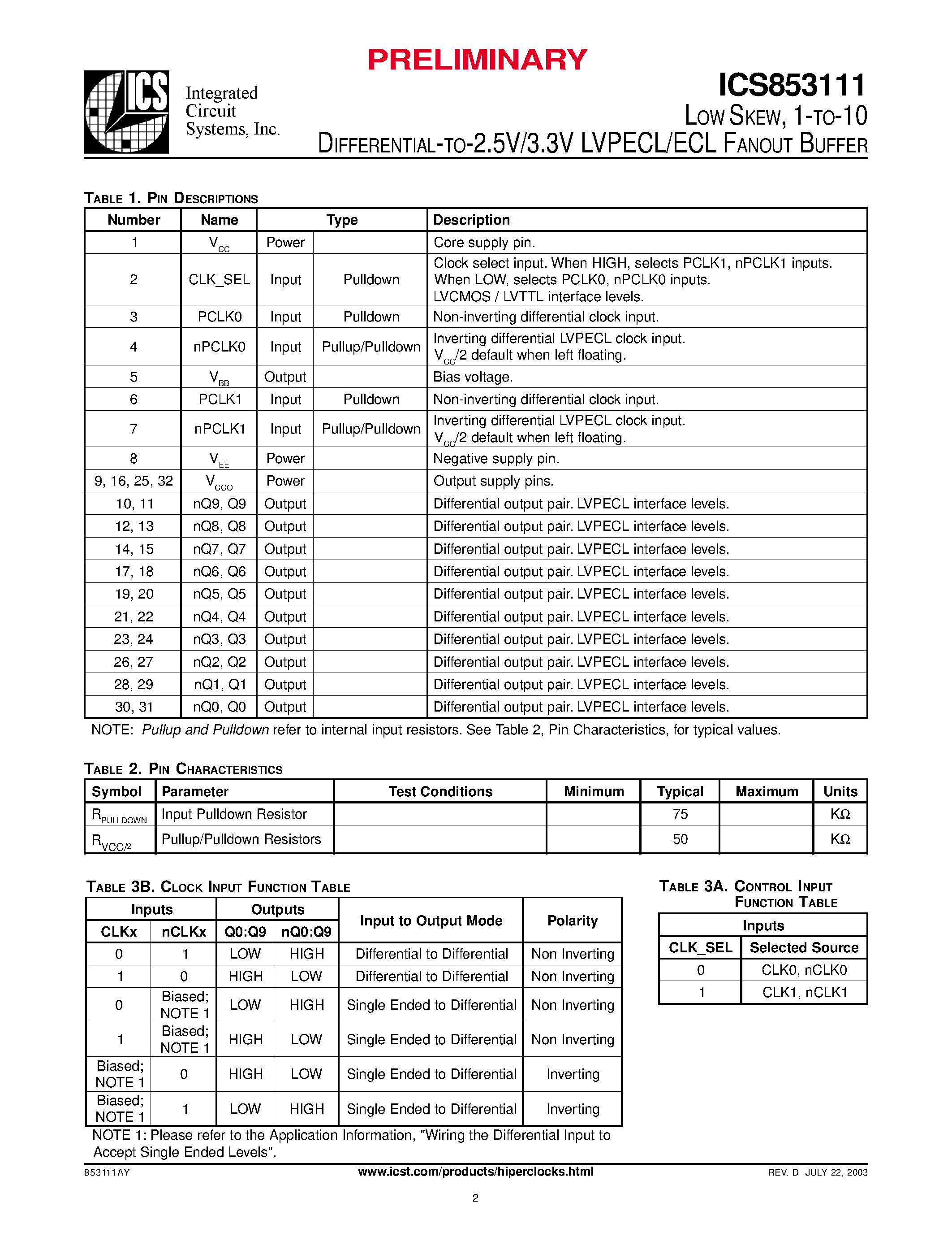 Datasheet ICS853111 - LVPECL/ECL FANOUT BUFFER page 2