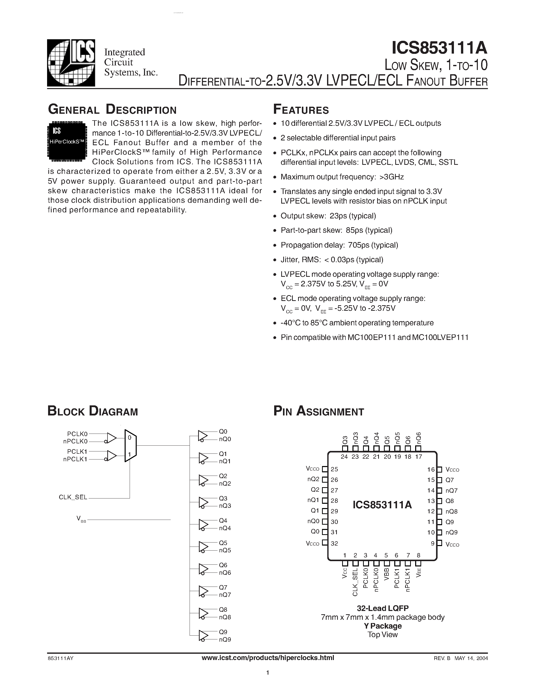 Datasheet ICS853111A page 1 Datasheet ICS853111A - LVPECL/ECL FANOUT BUFFER page 1
