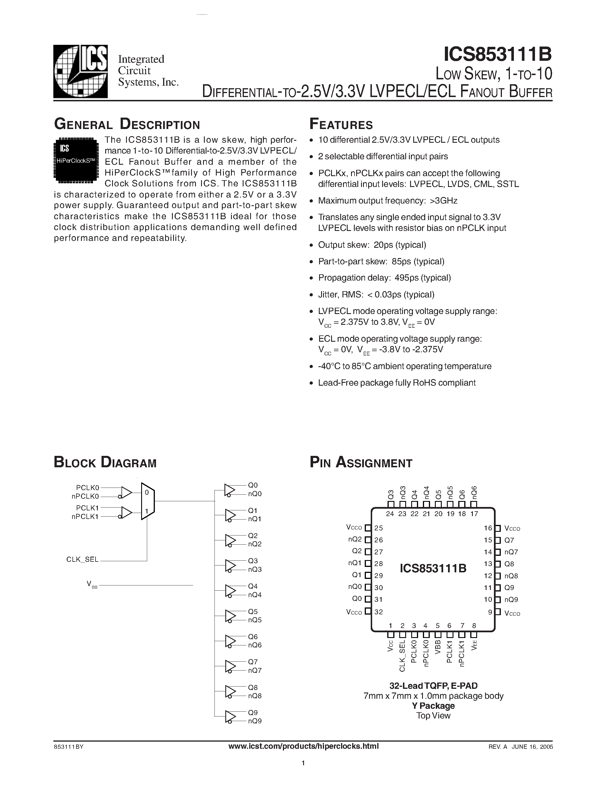 Datasheet ICS853111B - LVPECL/ECL FANOUT BUFFER page 1