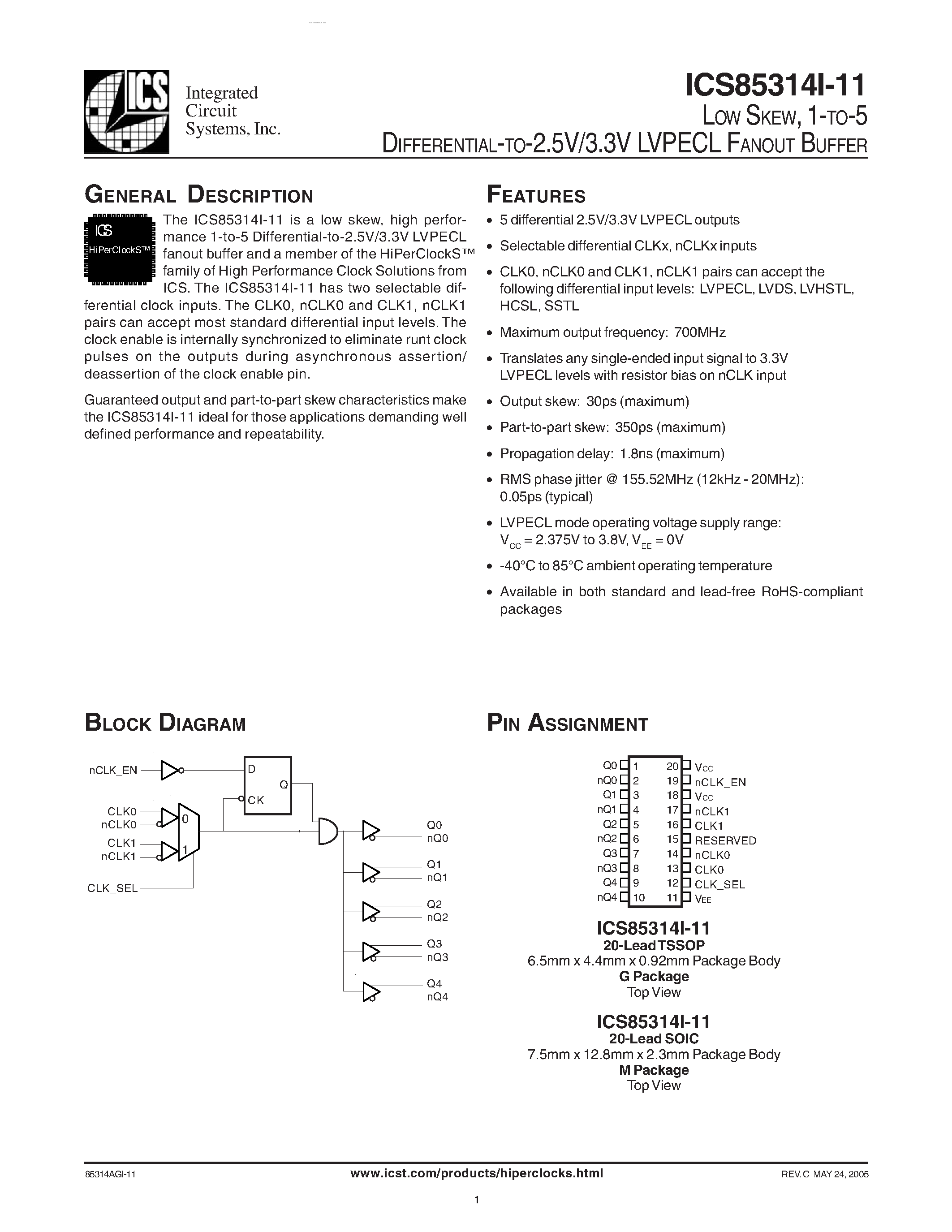 Datasheet ICS85314I-11 page 1 Datasheet ICS85314I-11 - LVPECL FANOUT BUFFER page 1