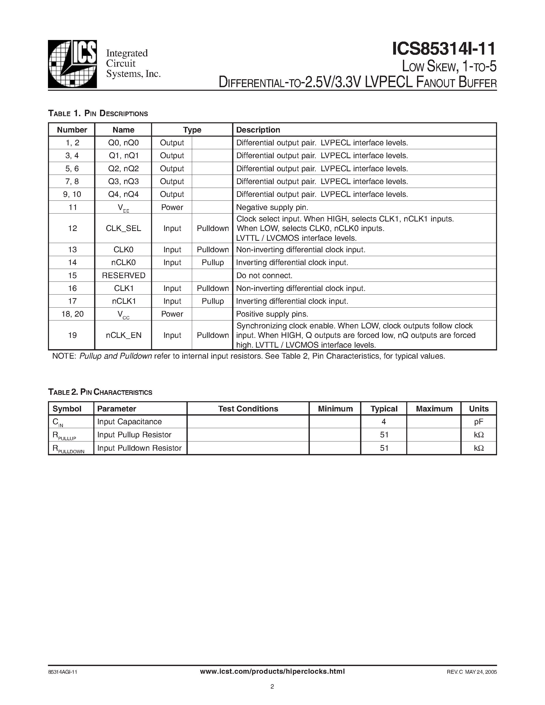 Datasheet ICS85314I-11 page 2 Datasheet ICS85314I-11 - LVPECL FANOUT BUFFER page 2