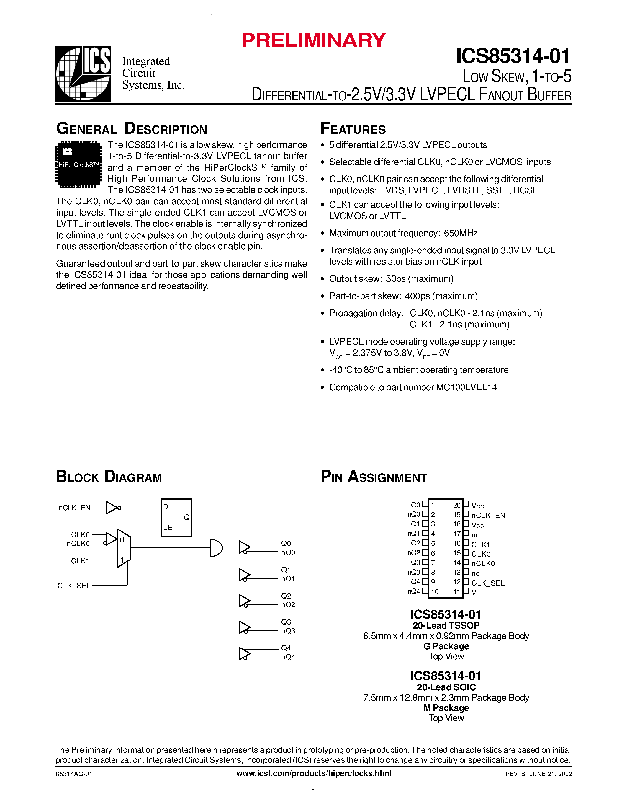 Datasheet ICS85314-01 - LVPECL FANOUT BUFFER page 1