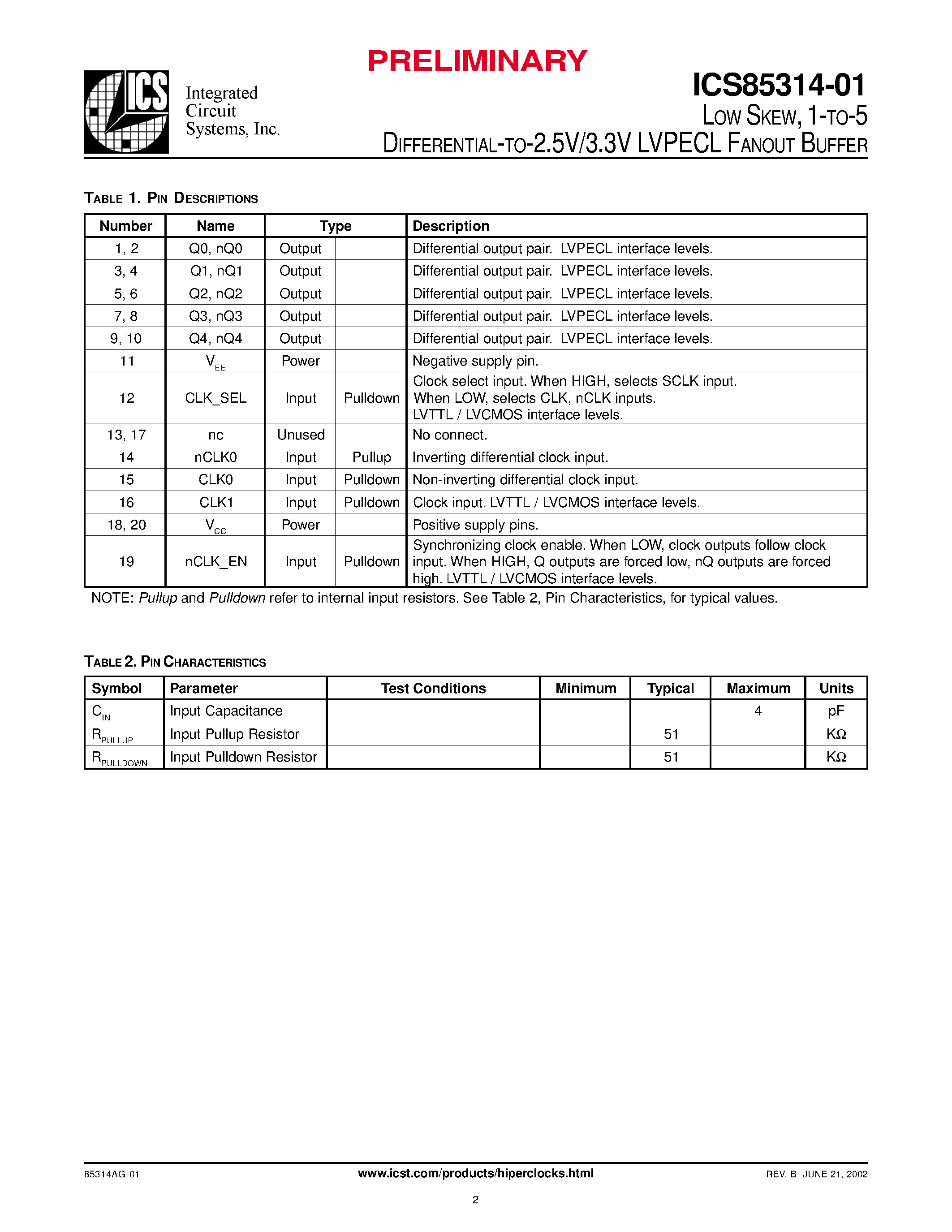 Datasheet ICS85314-01 - LVPECL FANOUT BUFFER page 2