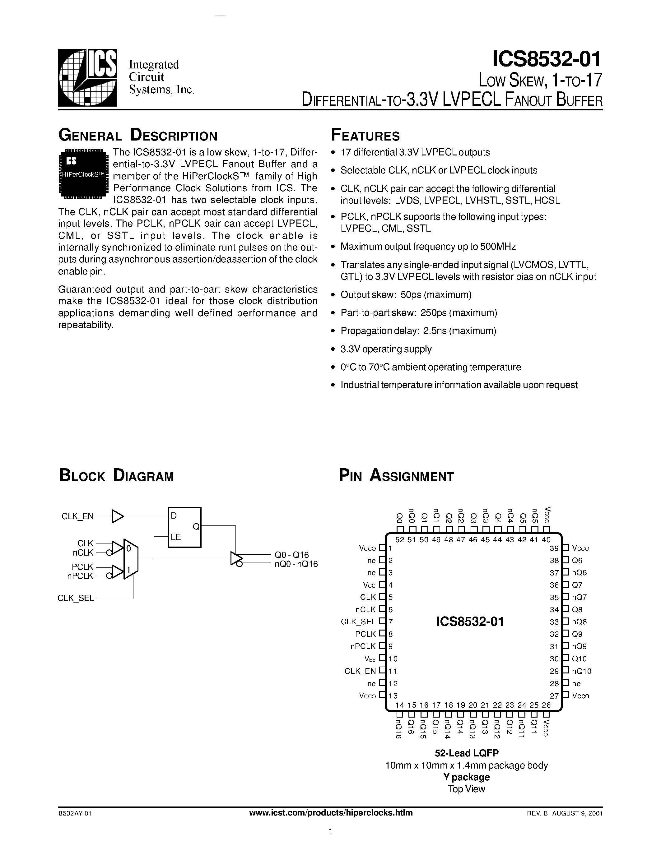 Datasheet ICS8532-01 - LVPECL FANOUT BUFFER page 1