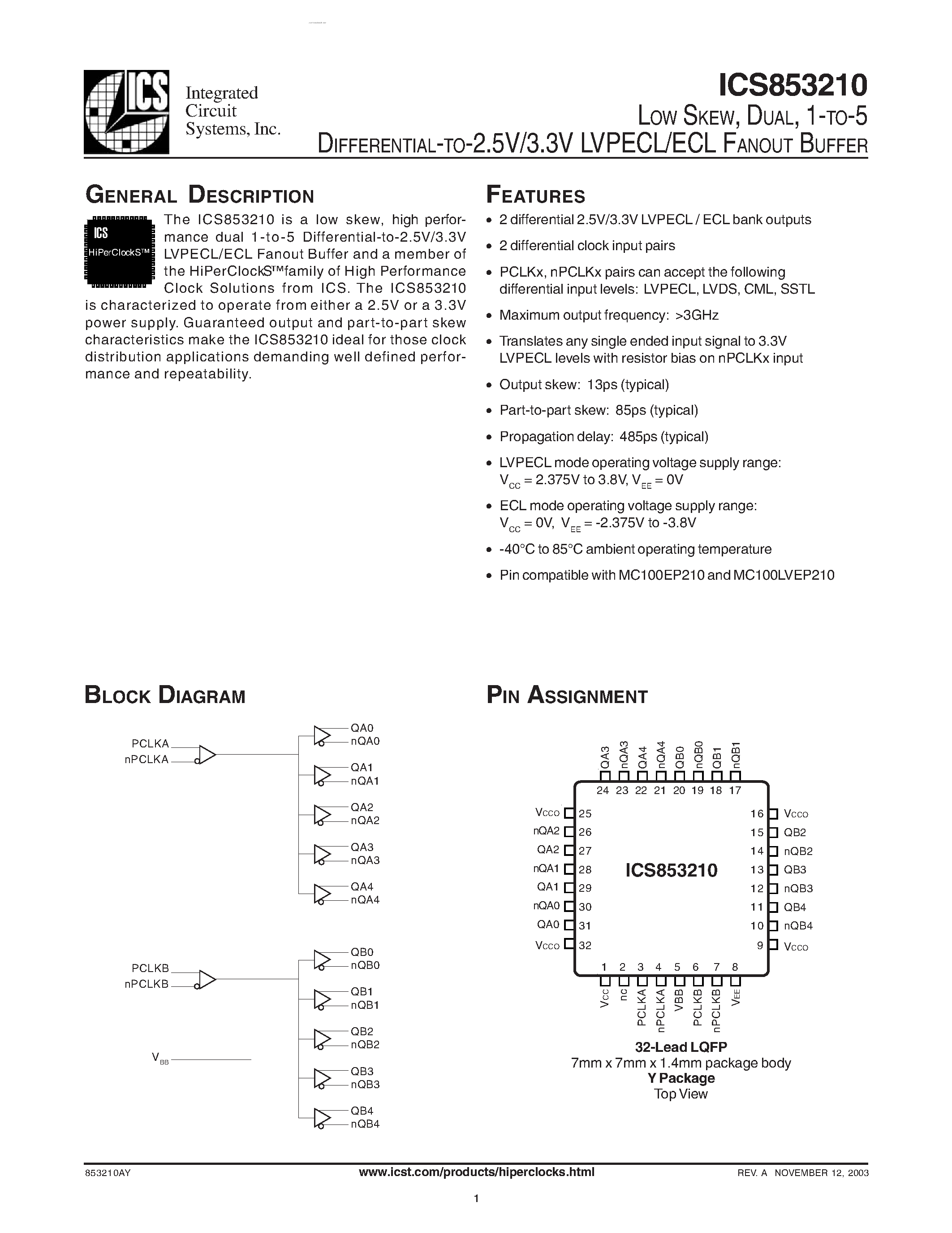 Datasheet ICS853210 - LVPECL/ECL FANOUT BUFFER page 1