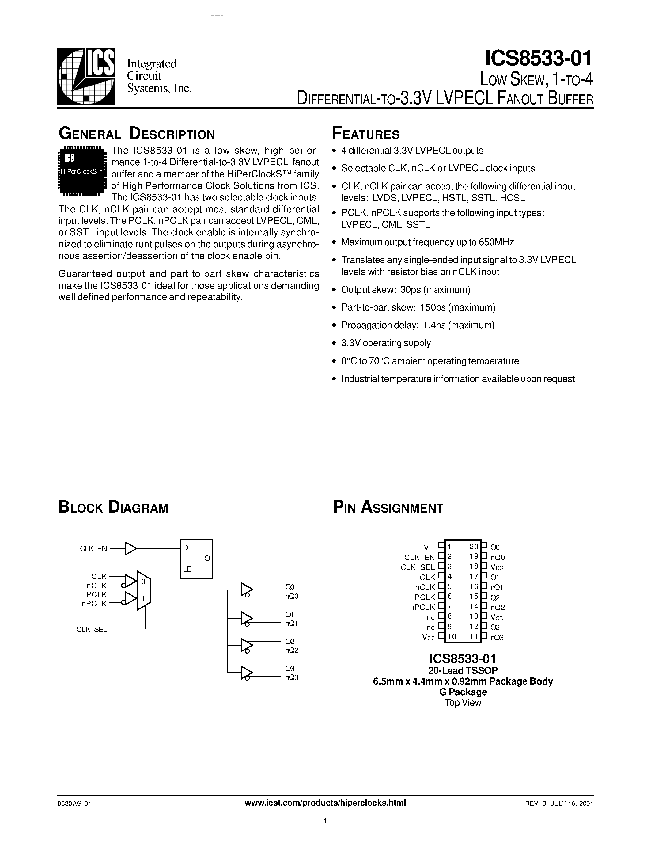 Datasheet ICS8533-01 - LVPECL FANOUT BUFFER page 1