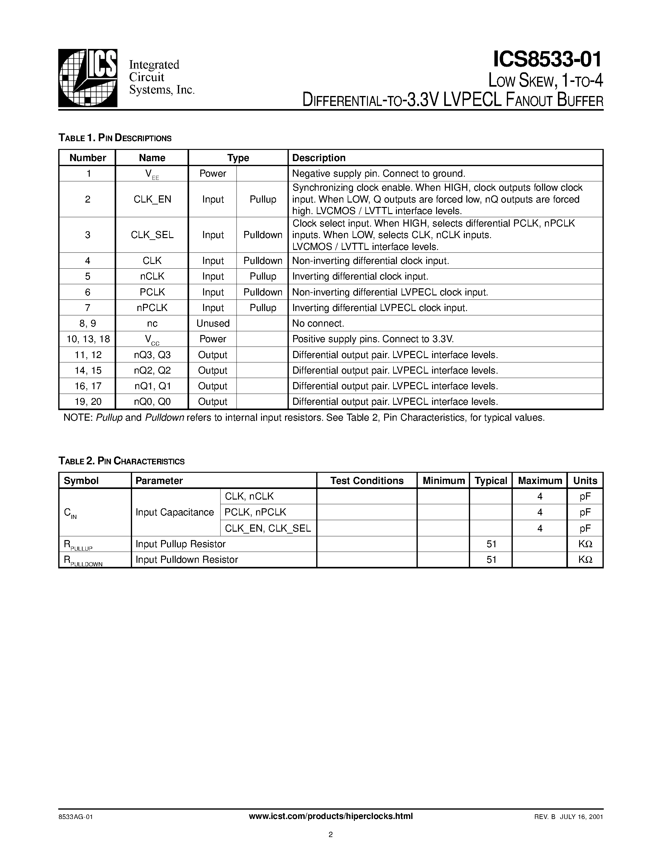 Datasheet ICS8533-01 - LVPECL FANOUT BUFFER page 2